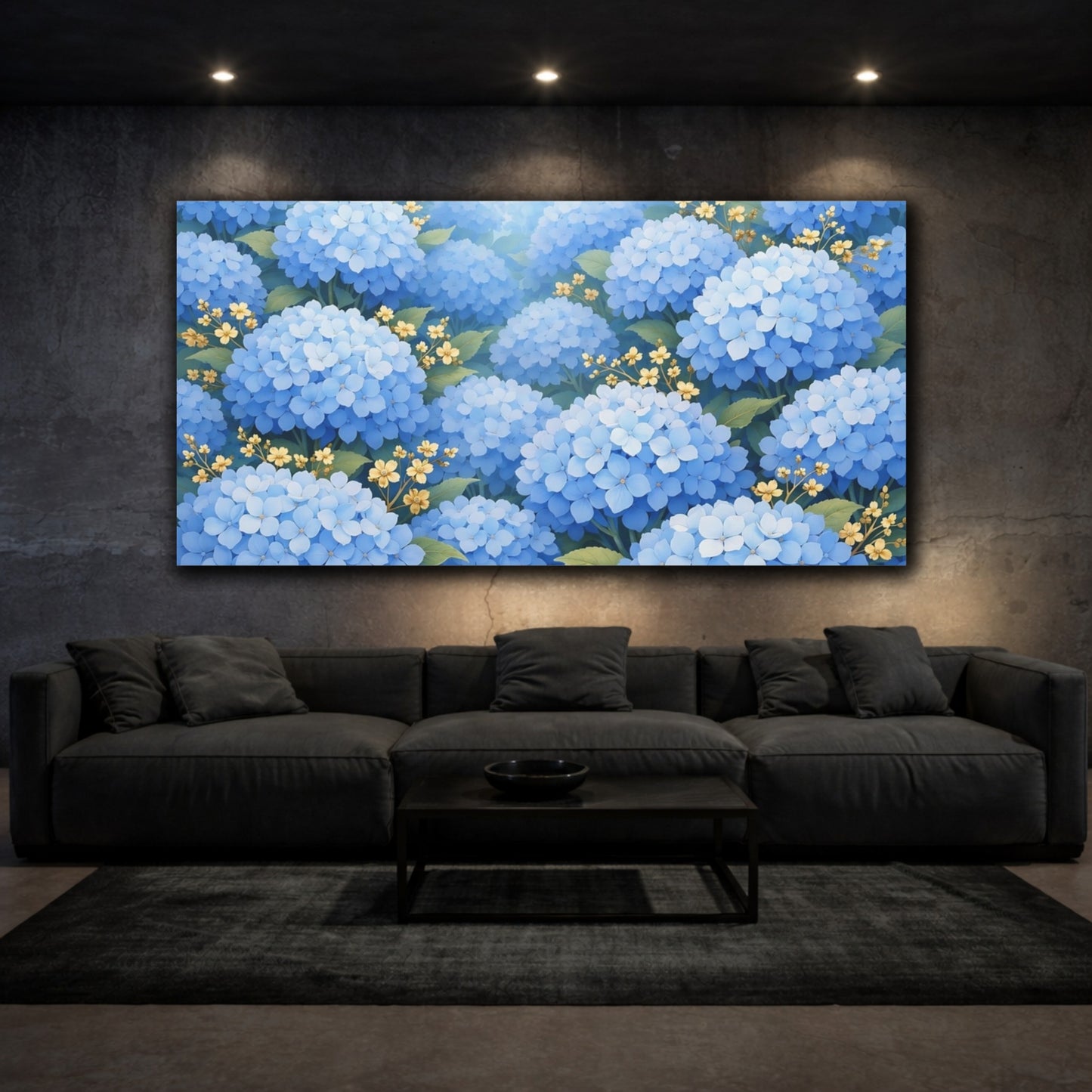 Mockup 2. Floral Blue Hydrangeas Blue And Yellow Floral shown as stretched canvas wall art