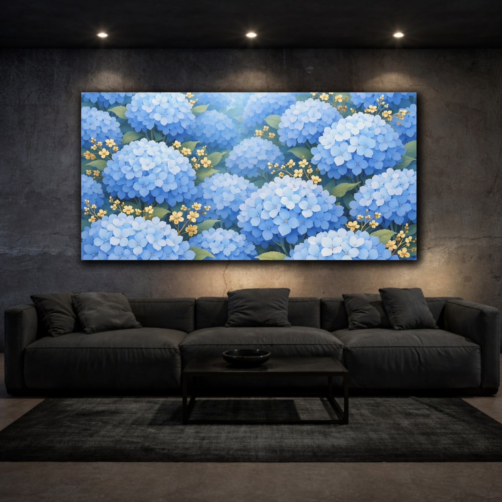 Mockup 2. Floral Blue Hydrangeas Blue And Yellow Floral shown as stretched canvas wall art