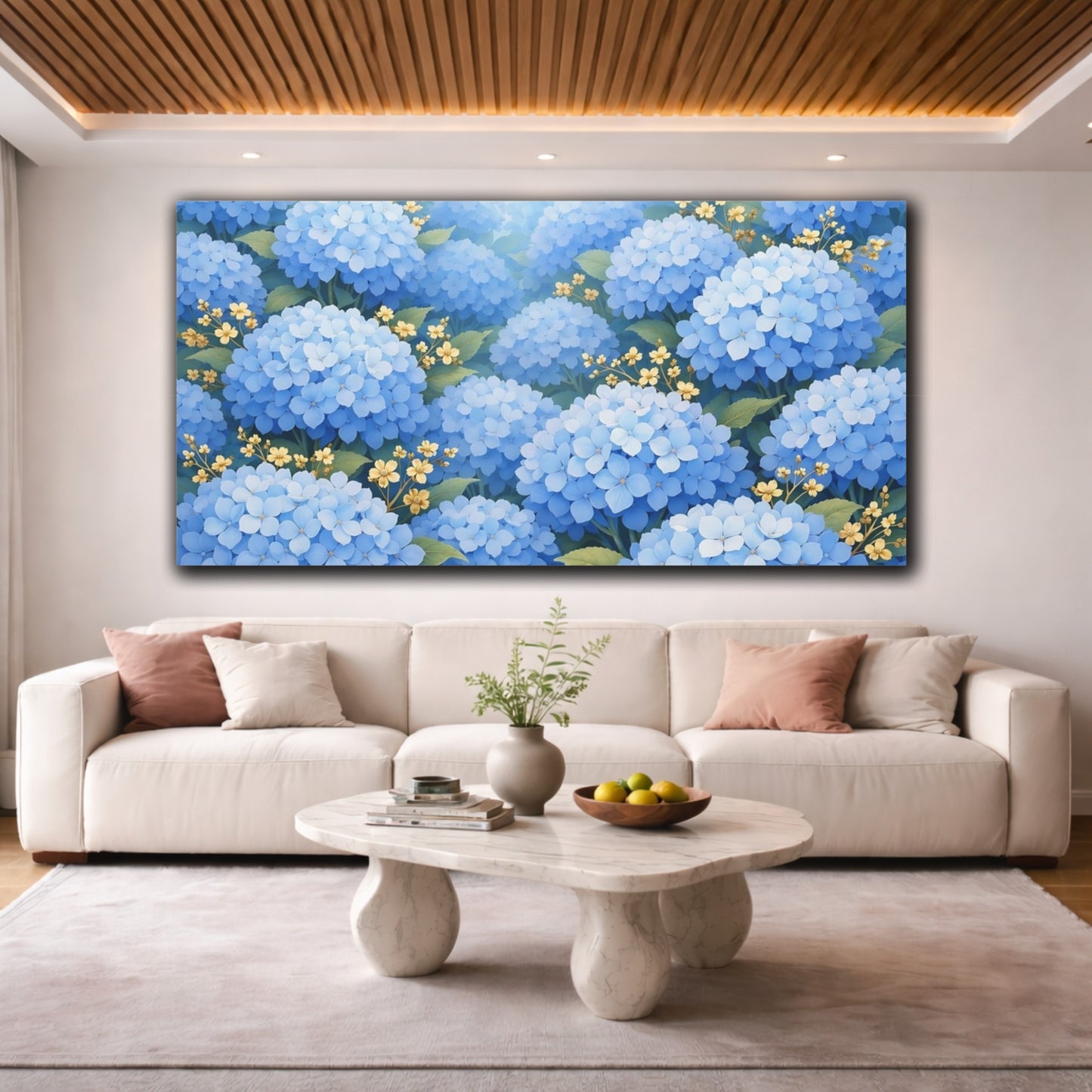 Mockup 3. Floral Blue Hydrangeas Blue And Yellow Floral shown as stretched canvas wall art