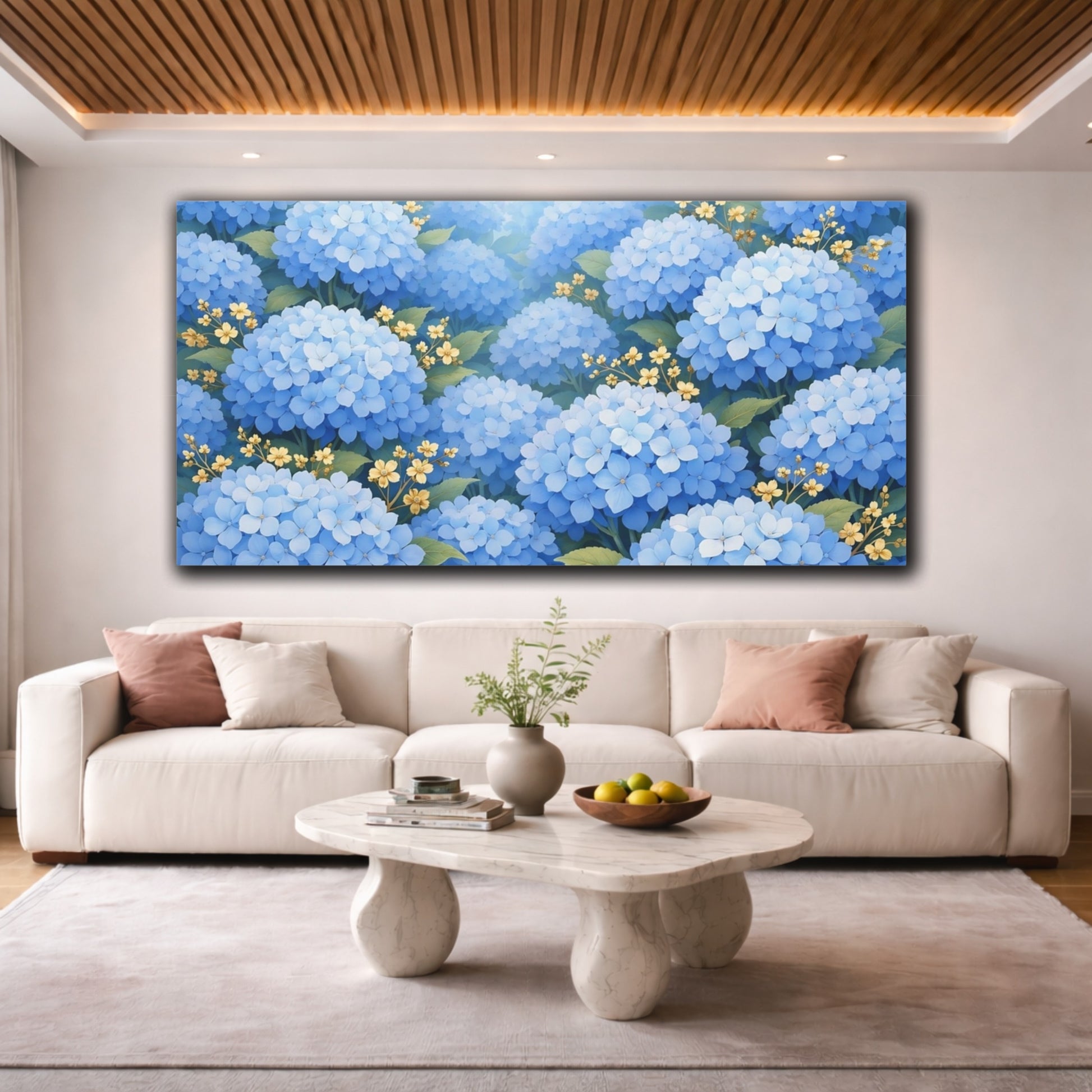 Mockup 3. Floral Blue Hydrangeas Blue And Yellow Floral shown as stretched canvas wall art
