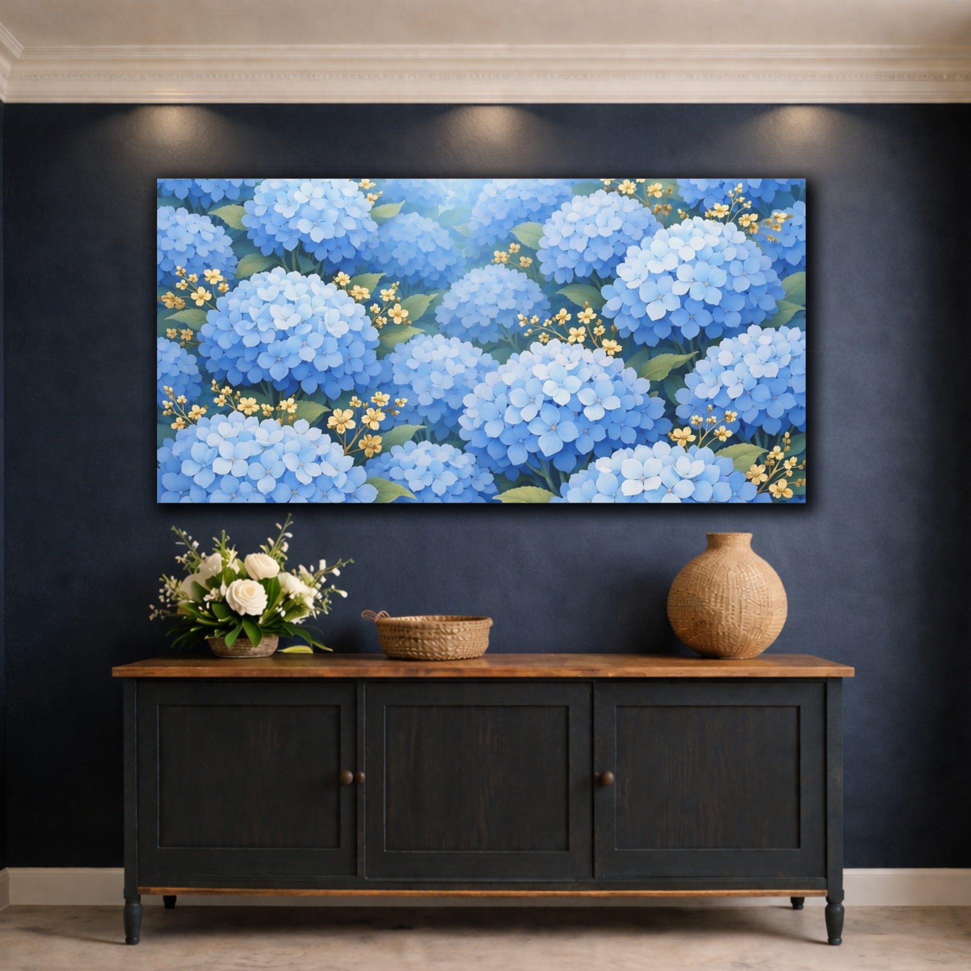 Mockup 4. Floral Blue Hydrangeas Blue And Yellow Floral shown as stretched canvas wall art