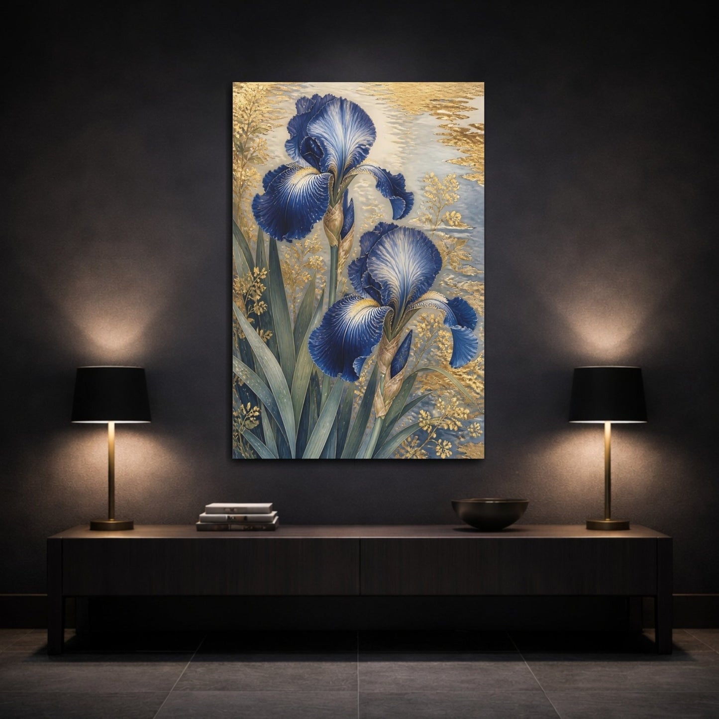 Floral Blue Irises And Gold Canvas Print – Living Room, Above Sofa - YesArtYes