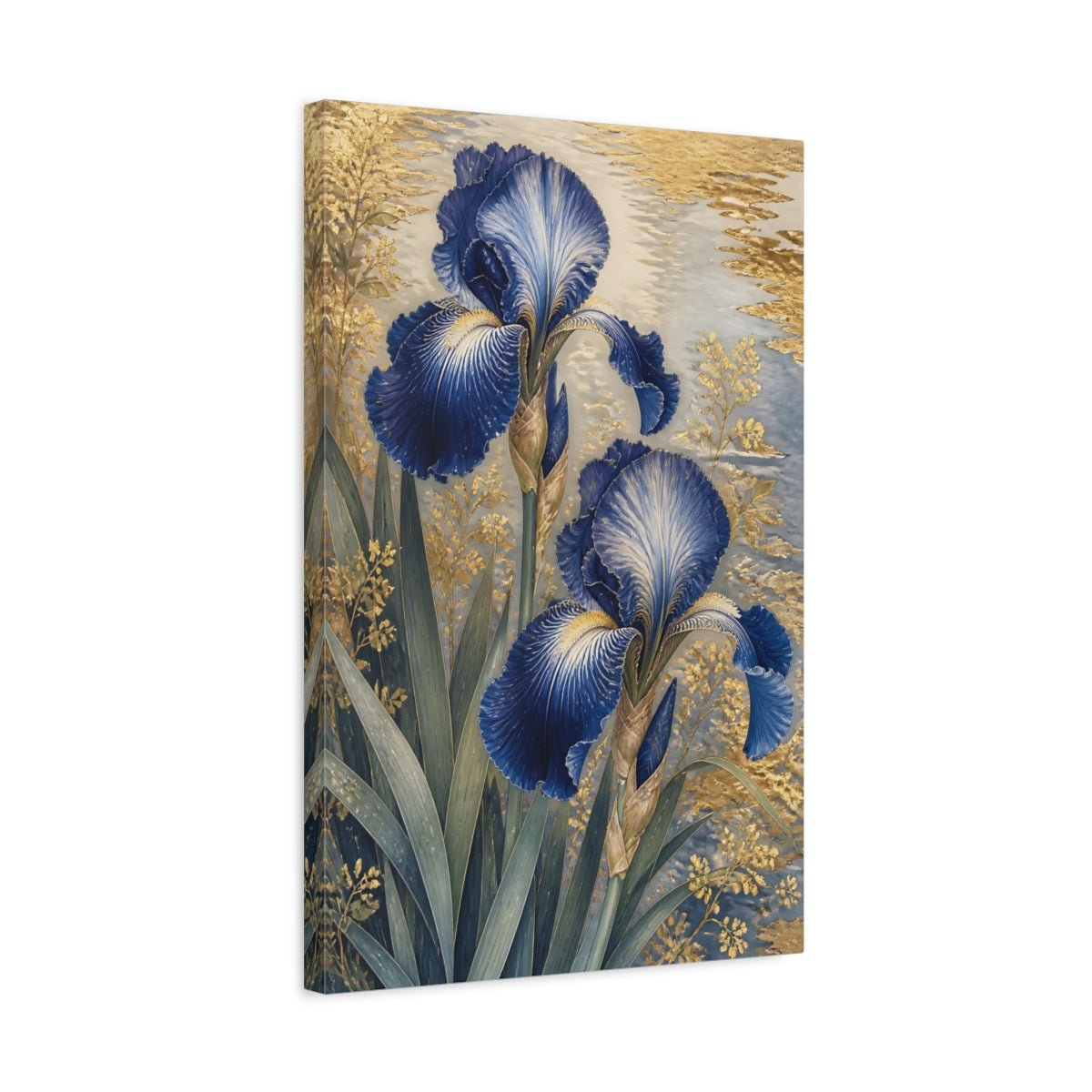 Floral Blue Irises And Gold Canvas Print – Living Room, Above Sofa - YesArtYes
