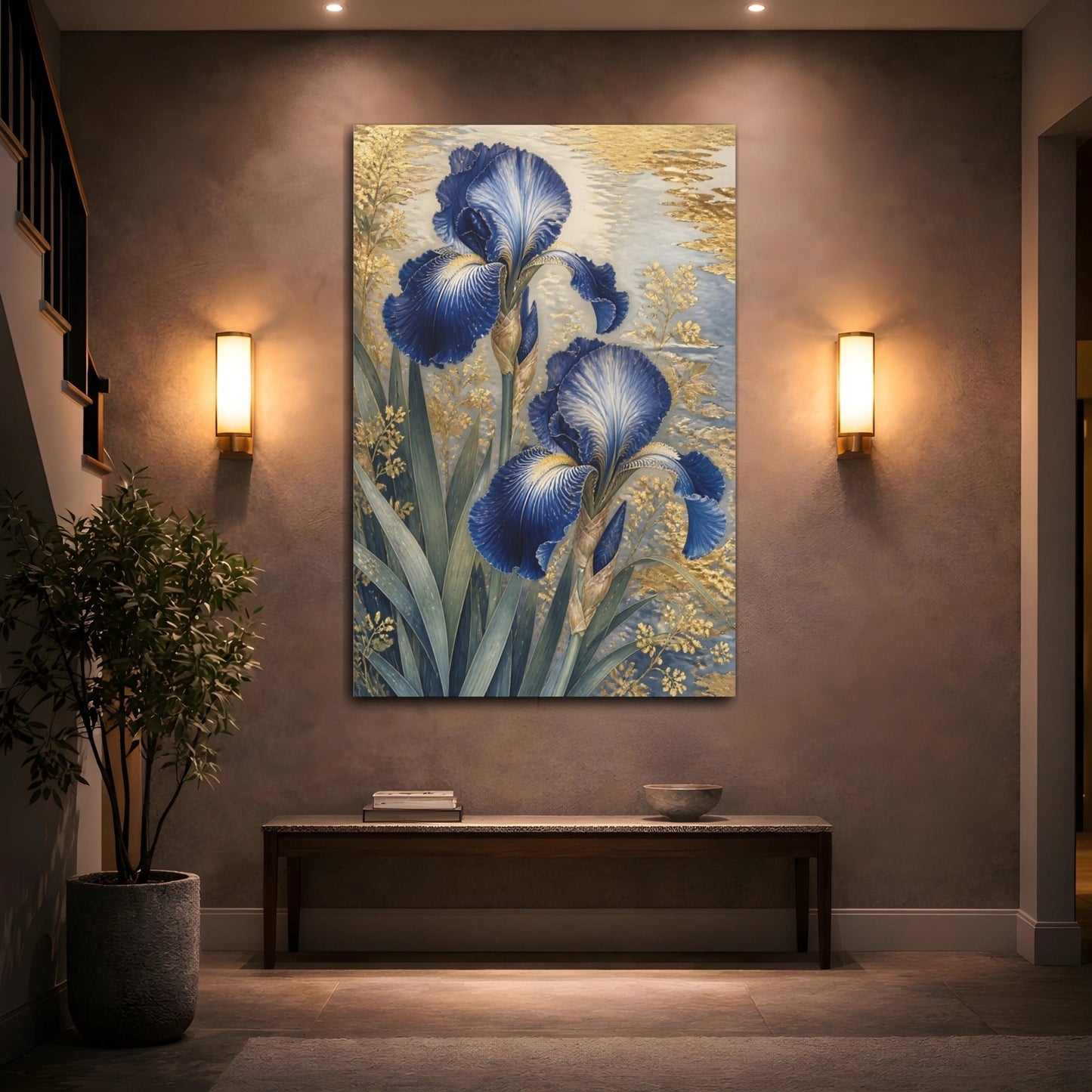 Floral Blue Irises And Gold Canvas Print – Living Room, Above Sofa - YesArtYes