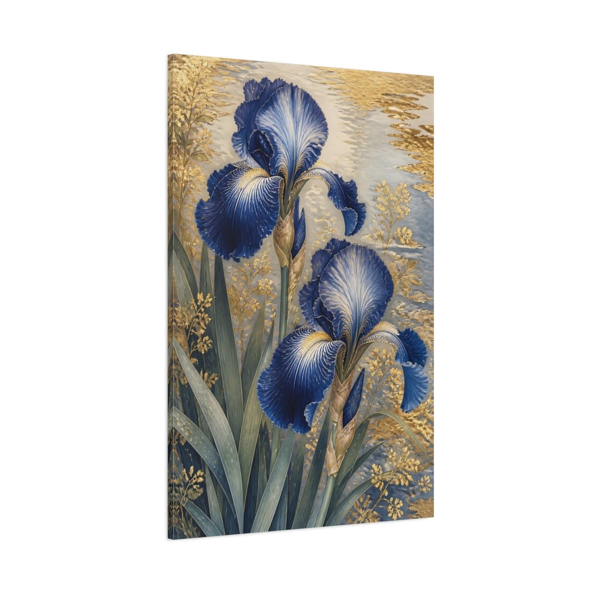 Floral Blue Irises And Gold Canvas Print – Living Room, Above Sofa - YesArtYes