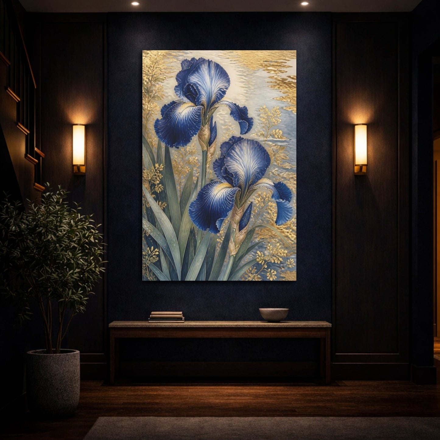 Floral Blue Irises And Gold Canvas Print – Living Room, Above Sofa - YesArtYes