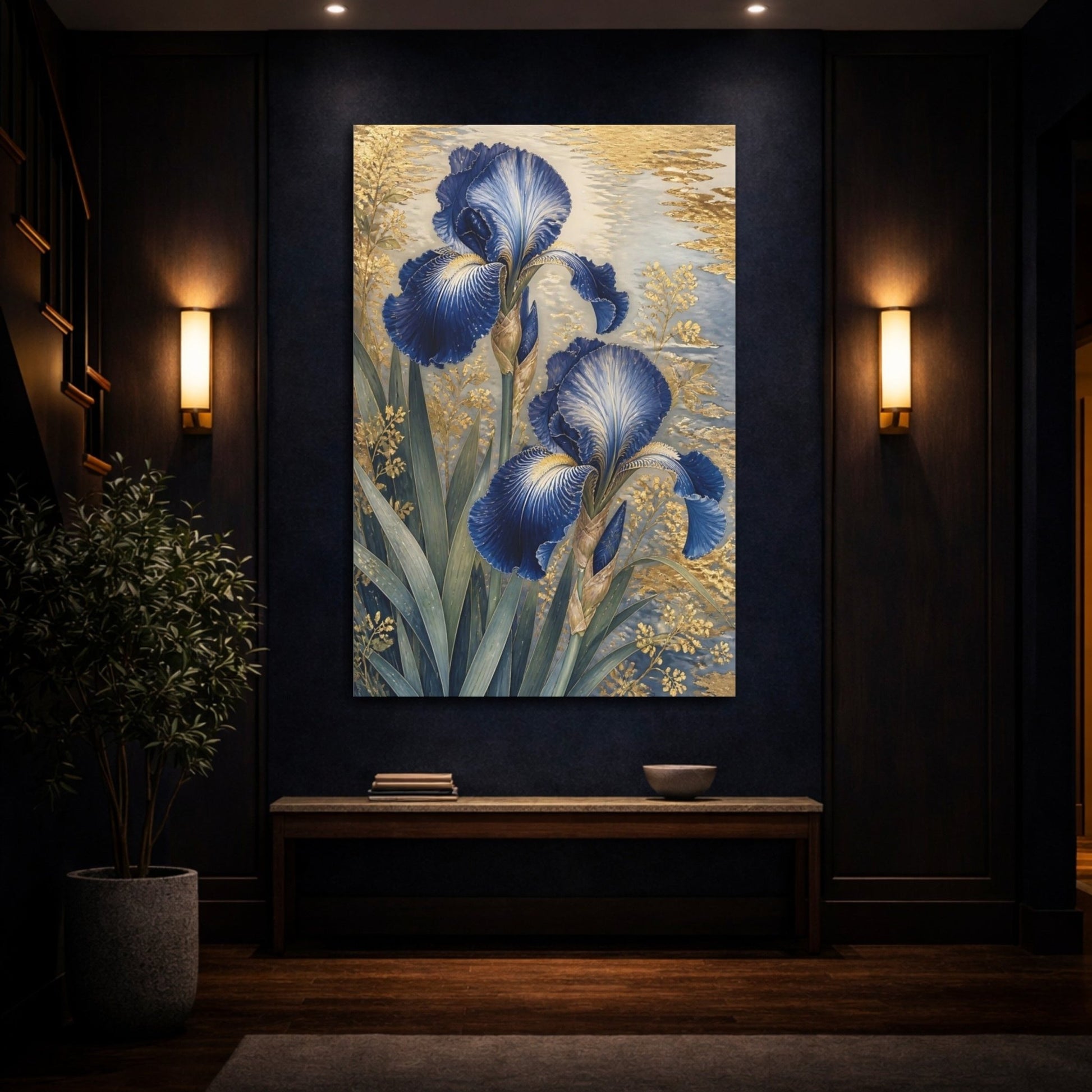 Floral Blue Irises And Gold Canvas Print – Living Room, Above Sofa - YesArtYes