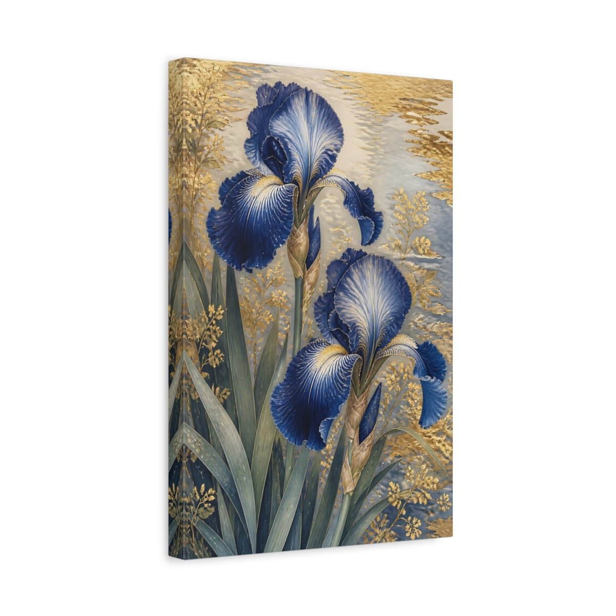 Floral Blue Irises And Gold Canvas Print – Living Room, Above Sofa - YesArtYes