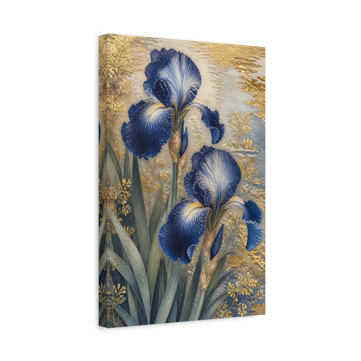 Side Mockup 4. Floral Blue Irises Blue And Gold shown as canvas print