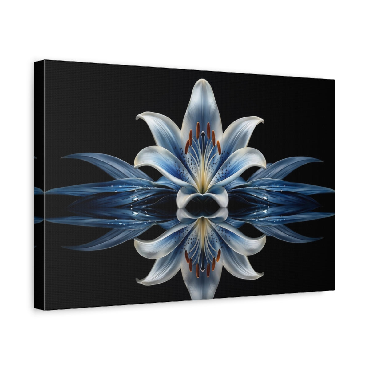 Side Mockup 4. Floral Blue Lily Blue And Black shown as stretched canvas wall art