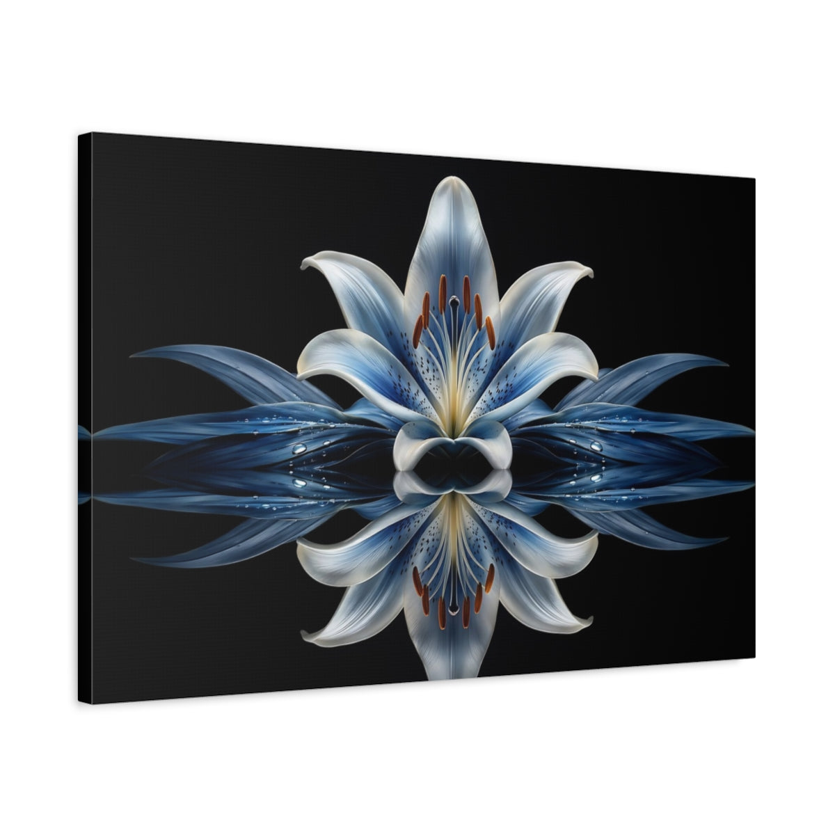 Side Mockup 2. Floral Blue Lily Blue And Black shown as stretched canvas wall art