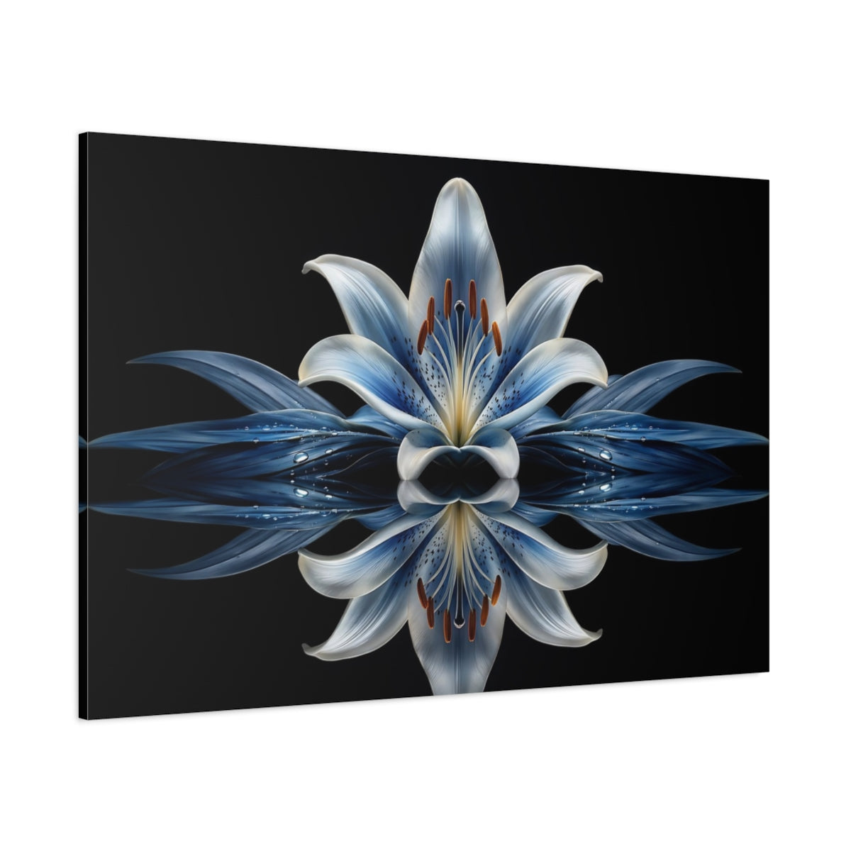 Side Mockup 1. Floral Blue Lily Blue And Black shown as stretched canvas wall art