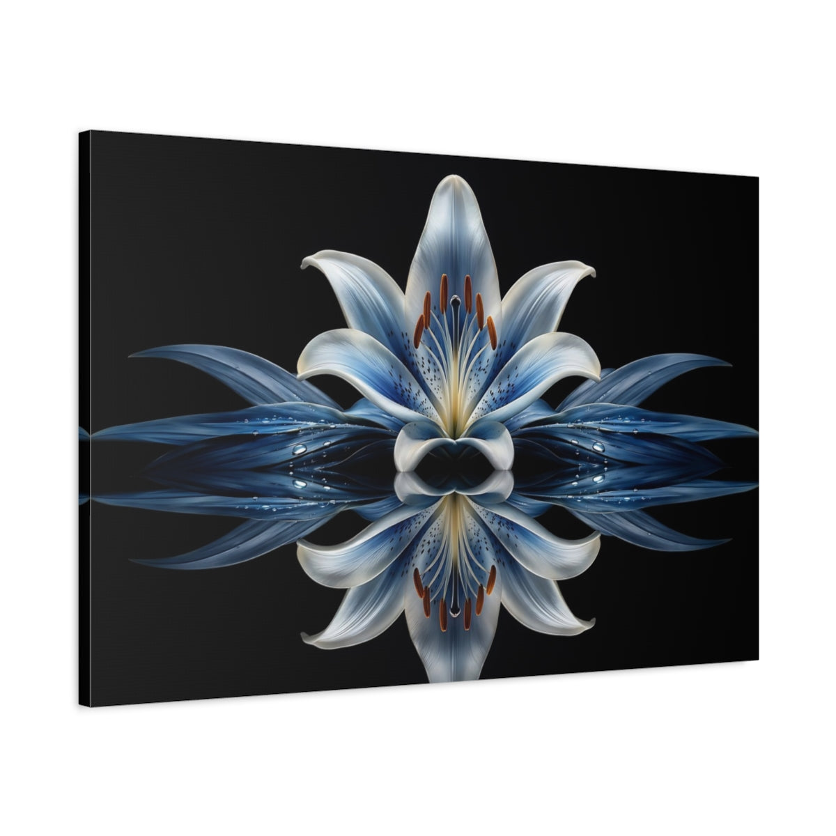 Main Mockup. Floral Blue Lily Blue And Black shown as stretched canvas wall art