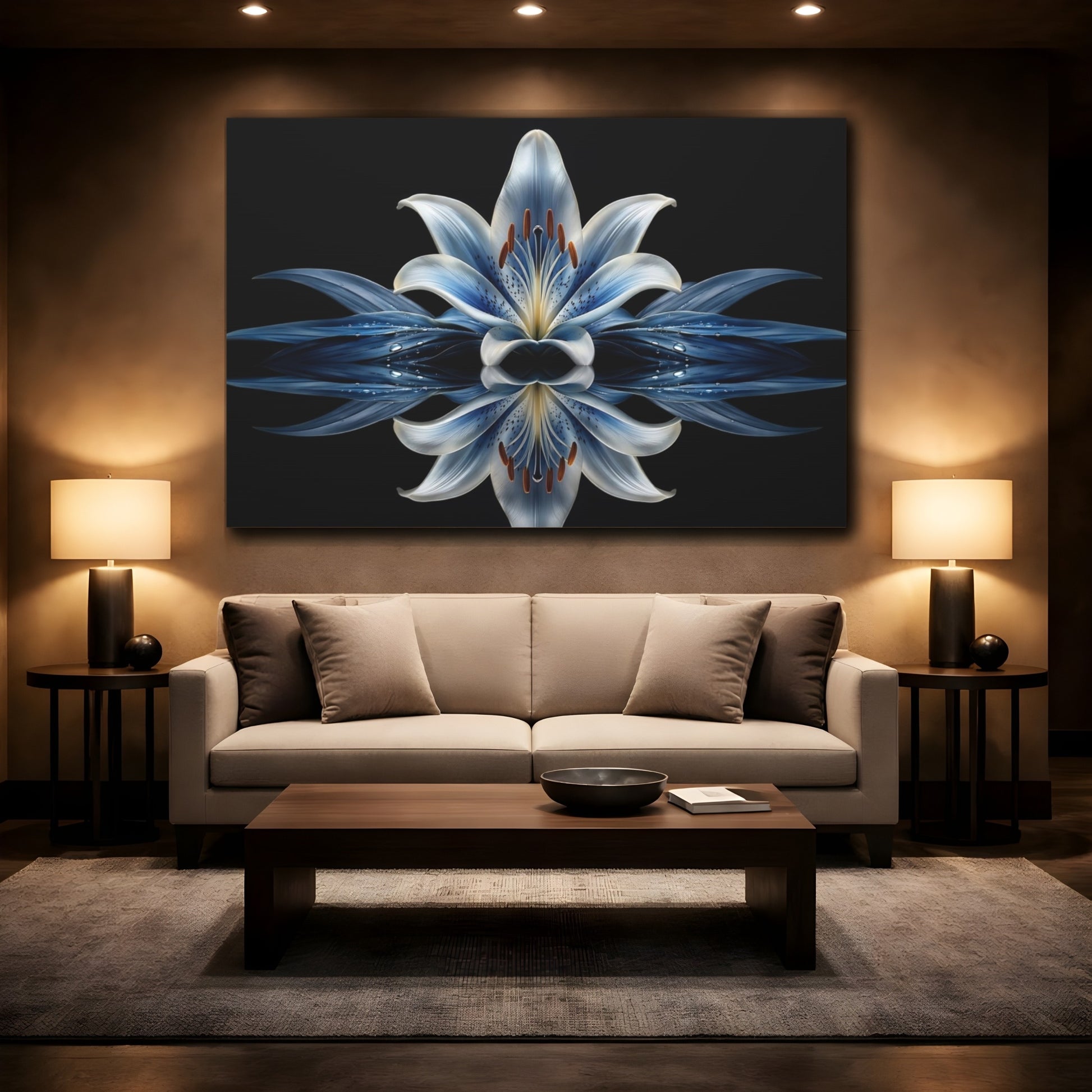 Mockup 2. Floral Blue Lily Blue And Black shown as stretched canvas wall art