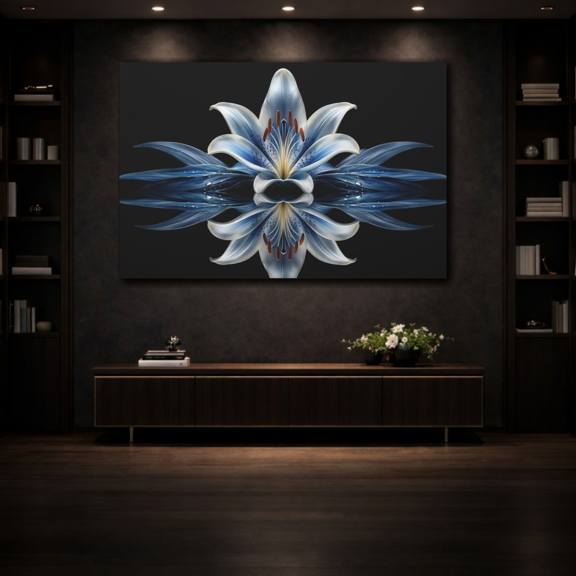 Mockup 3. Floral Blue Lily Blue And Black shown as stretched canvas wall art