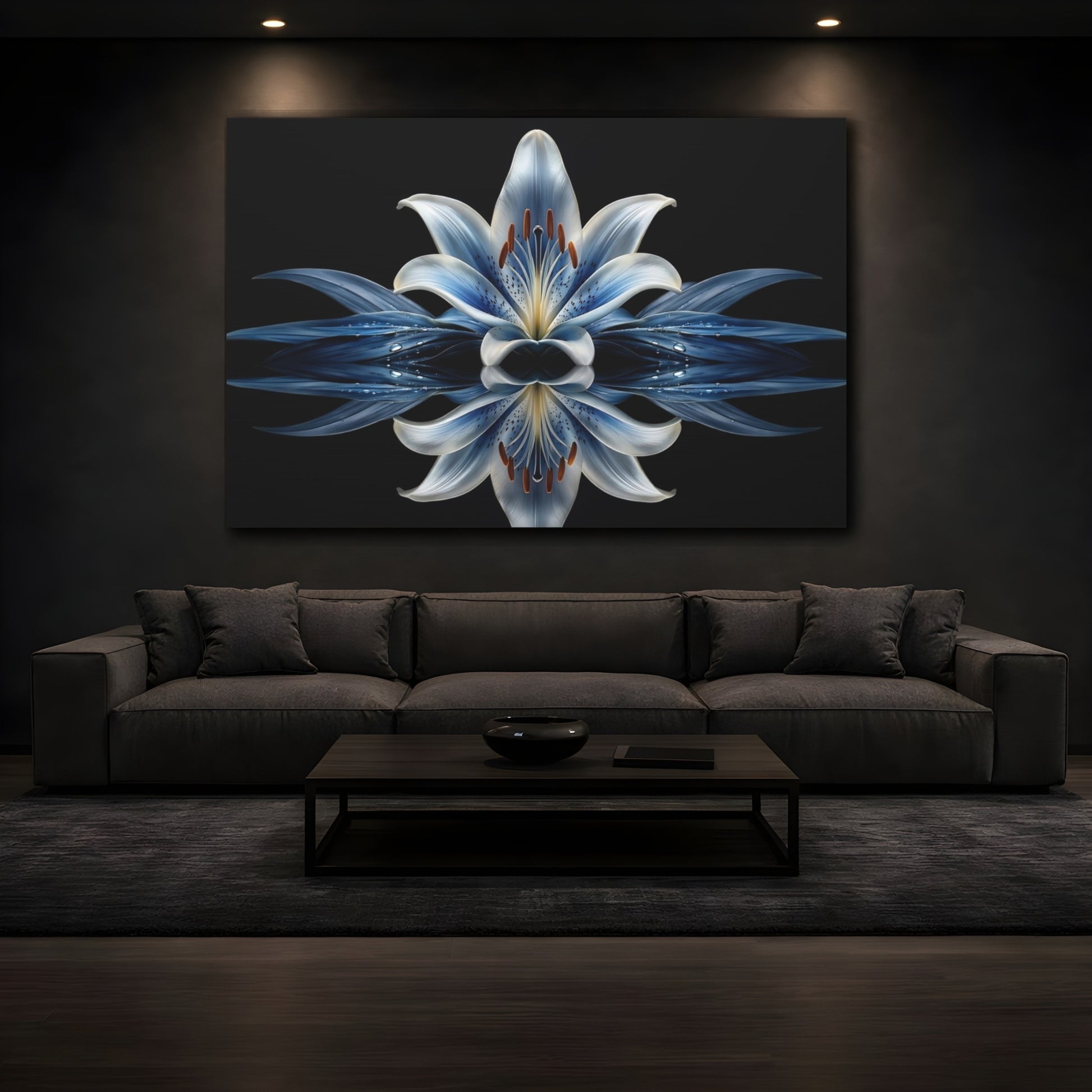 Mockup 4. Floral Blue Lily Blue And Black shown as stretched canvas wall art