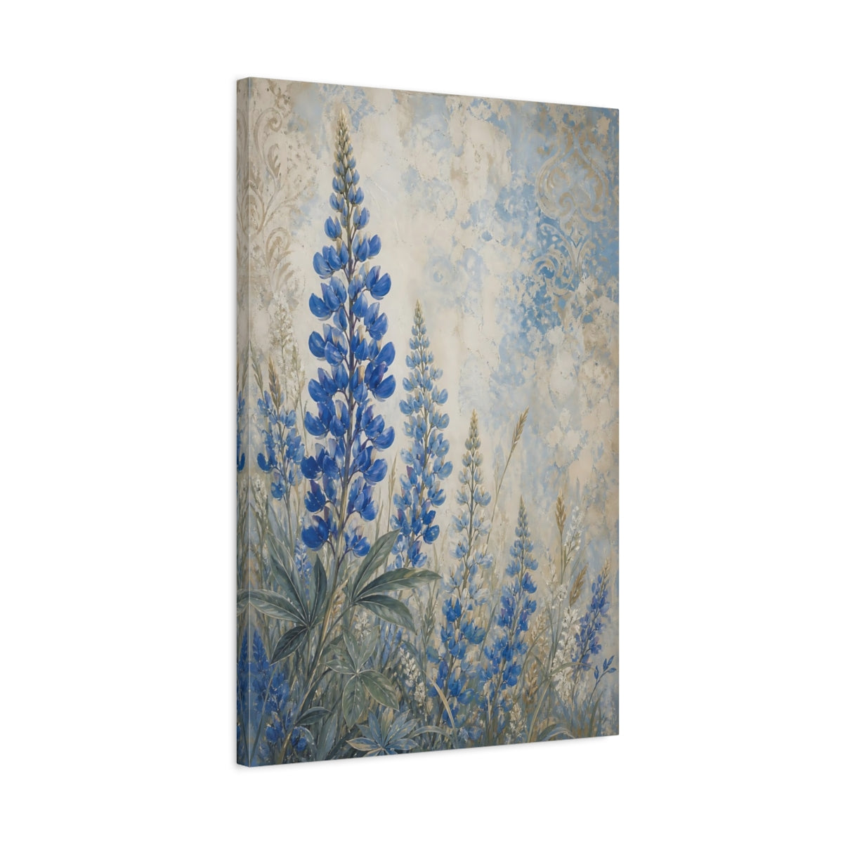 Side Mockup 2. Floral Blue Lupines Blue And Cream shown as canvas print