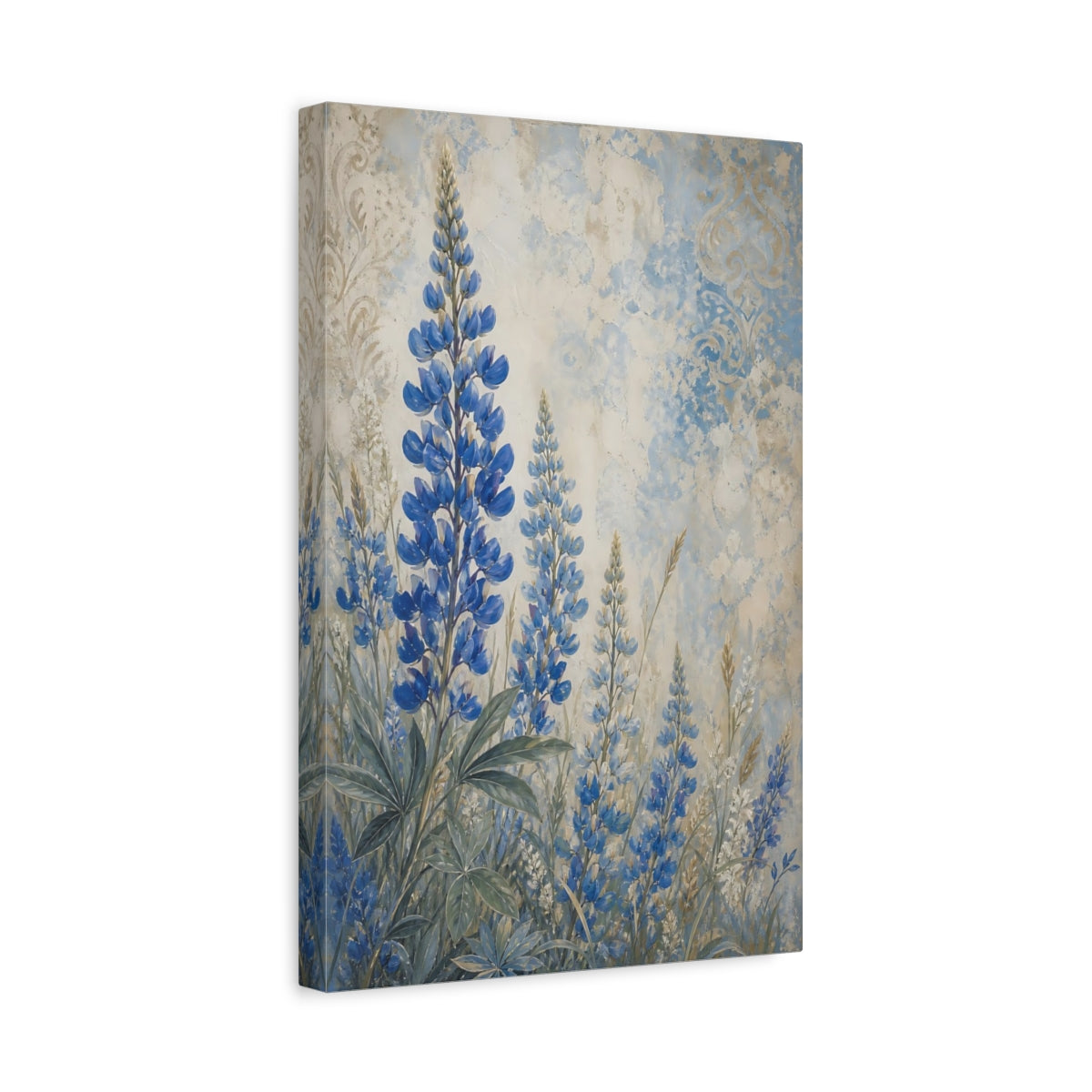 Side Mockup 4. Floral Blue Lupines Blue And Cream shown as canvas print