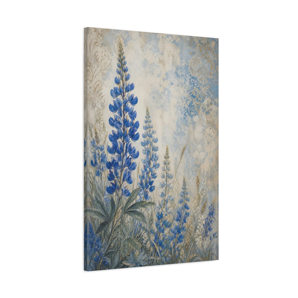 Main Mockup. Floral Blue Lupines Blue And Cream shown as canvas print