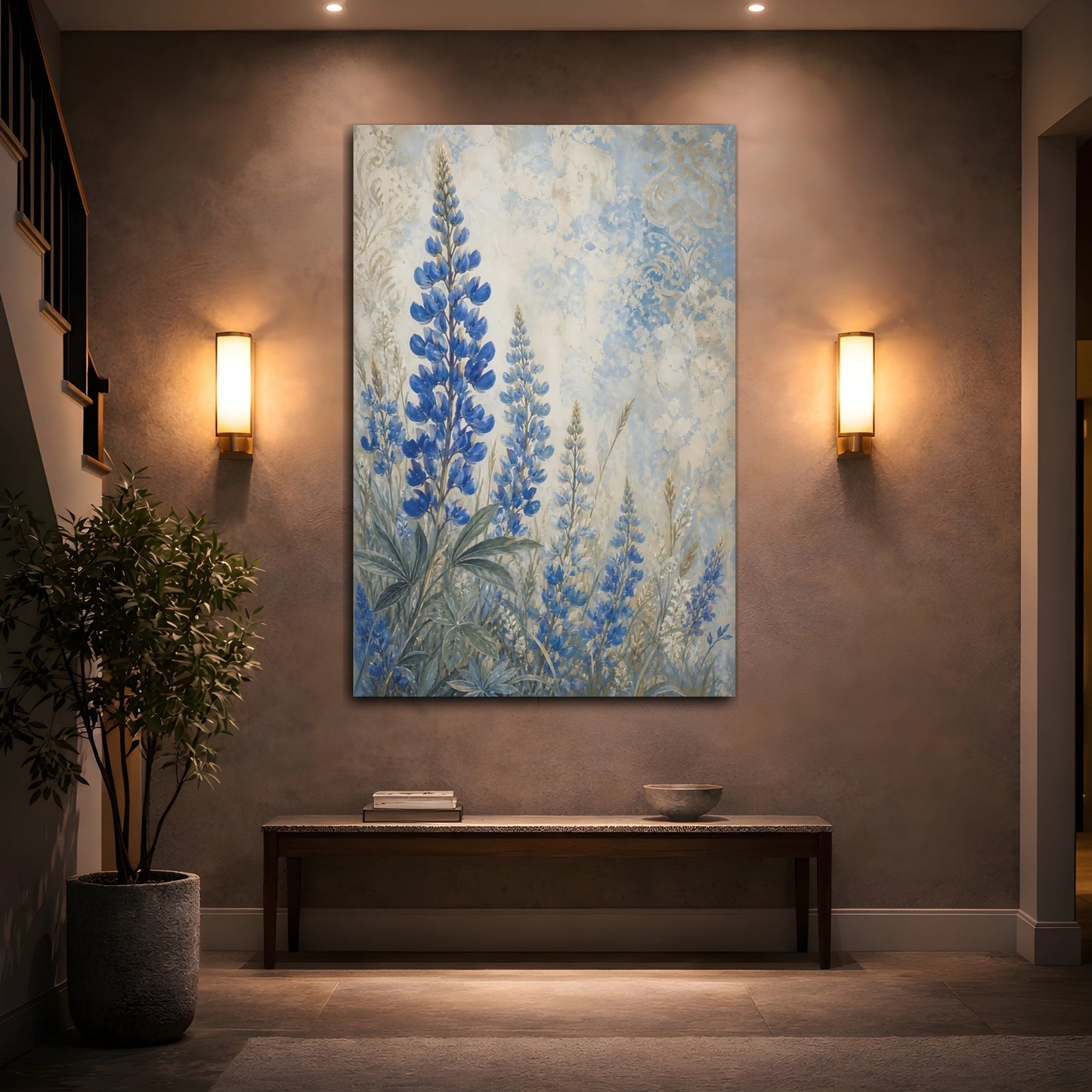 Mockup 2. Floral Blue Lupines Blue And Cream shown as canvas print