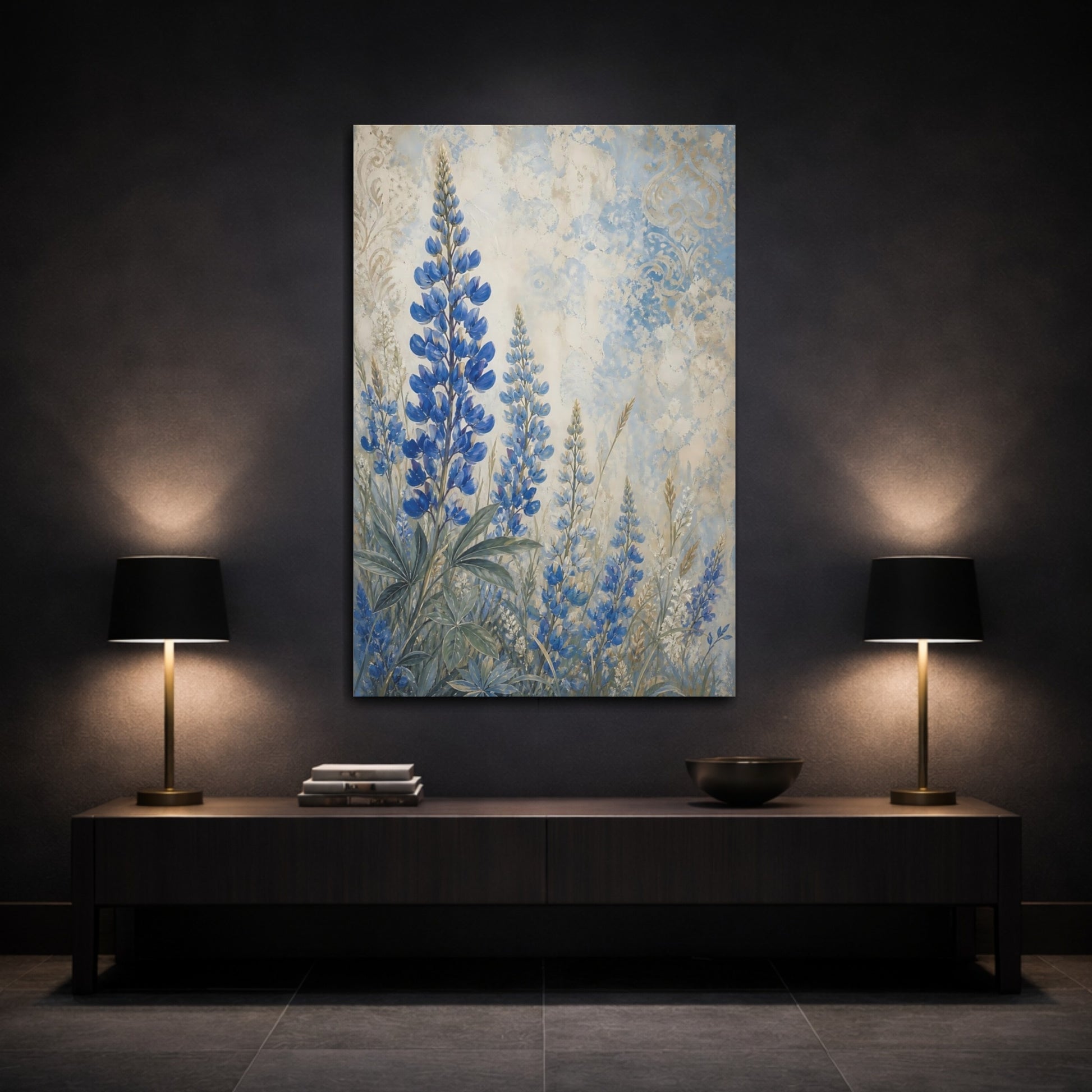 Mockup 3. Floral Blue Lupines Blue And Cream shown as canvas print