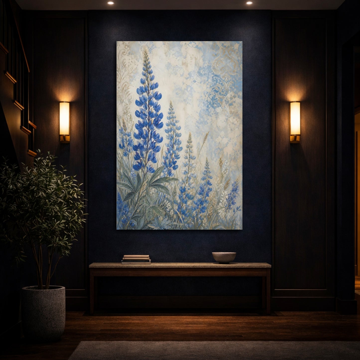 Mockup 4. Floral Blue Lupines Blue And Cream shown as canvas print