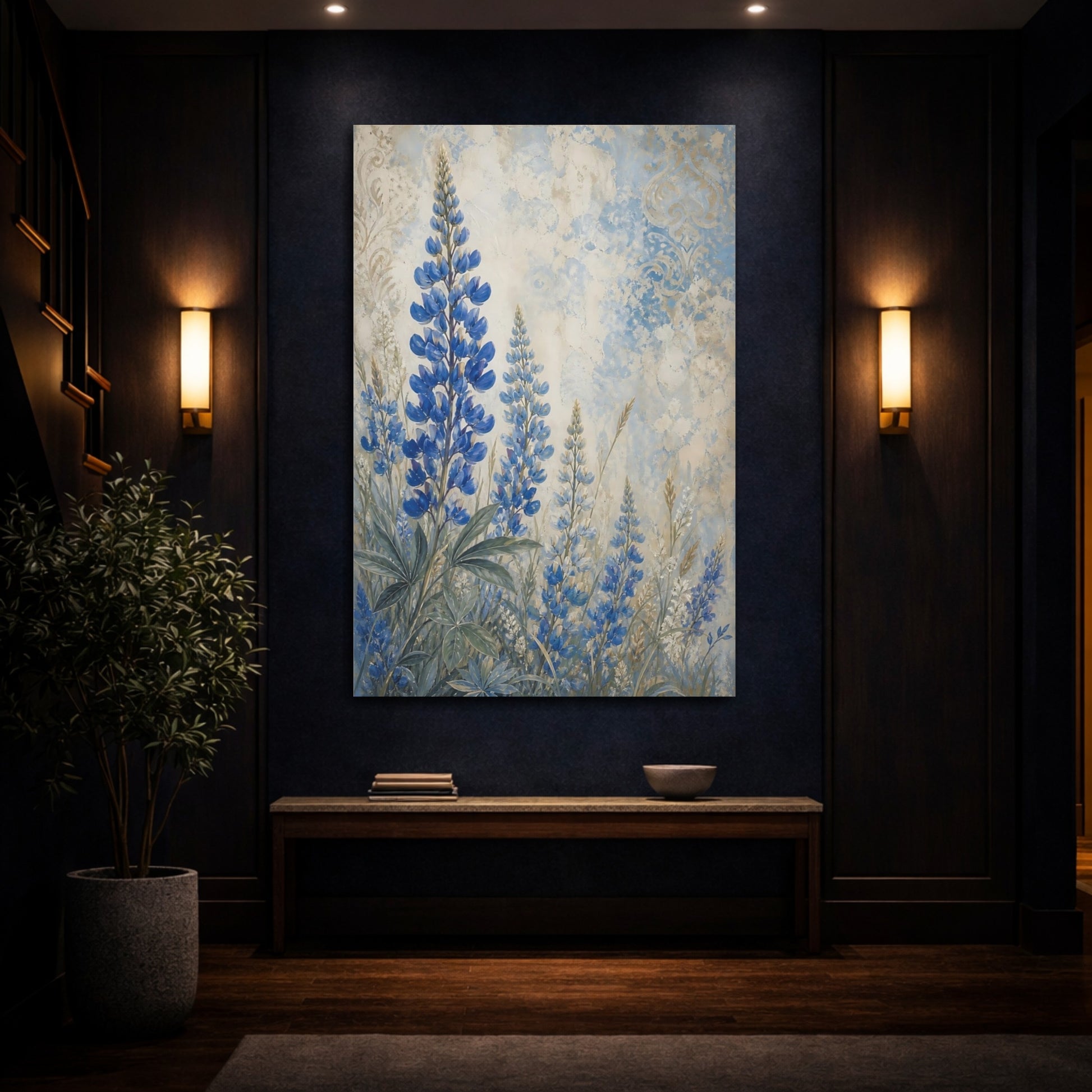 Mockup 4. Floral Blue Lupines Blue And Cream shown as canvas print