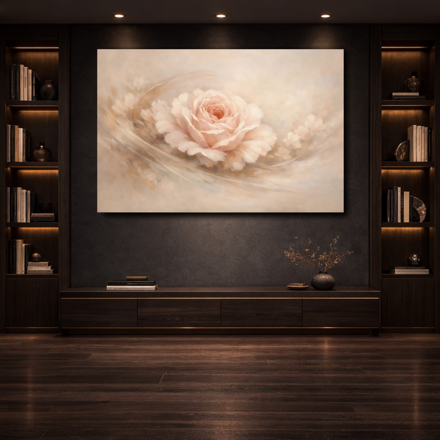 Mockup 3. Floral Blush Rose Blush Pink Rose shown as stretched canvas wall art