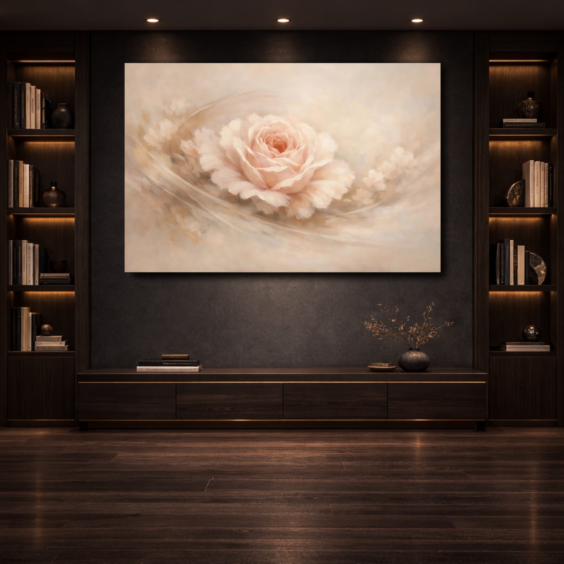 Mockup 3. Floral Blush Rose Blush Pink Rose shown as stretched canvas wall art