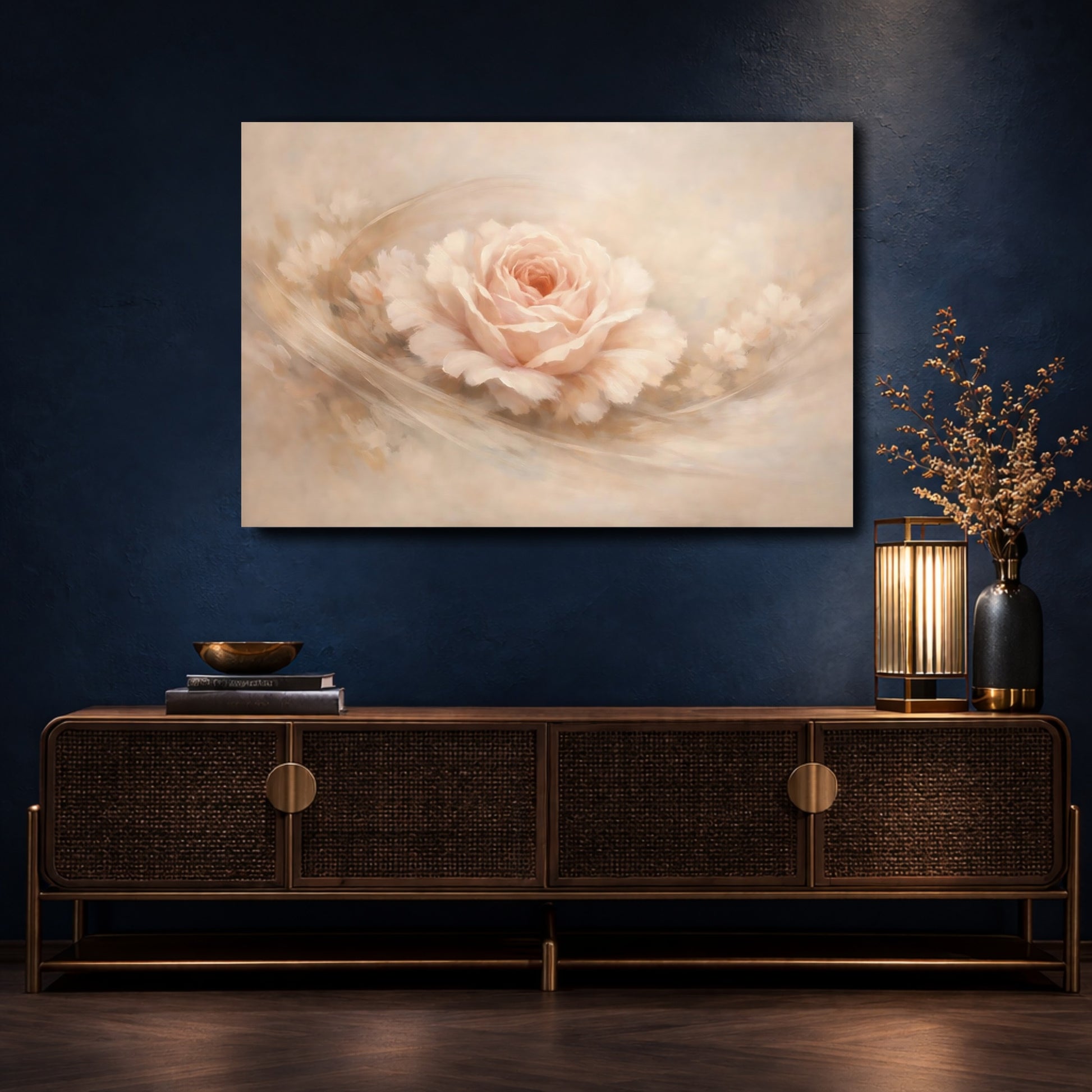 Mockup 4. Floral Blush Rose Blush Pink Rose shown as stretched canvas wall art
