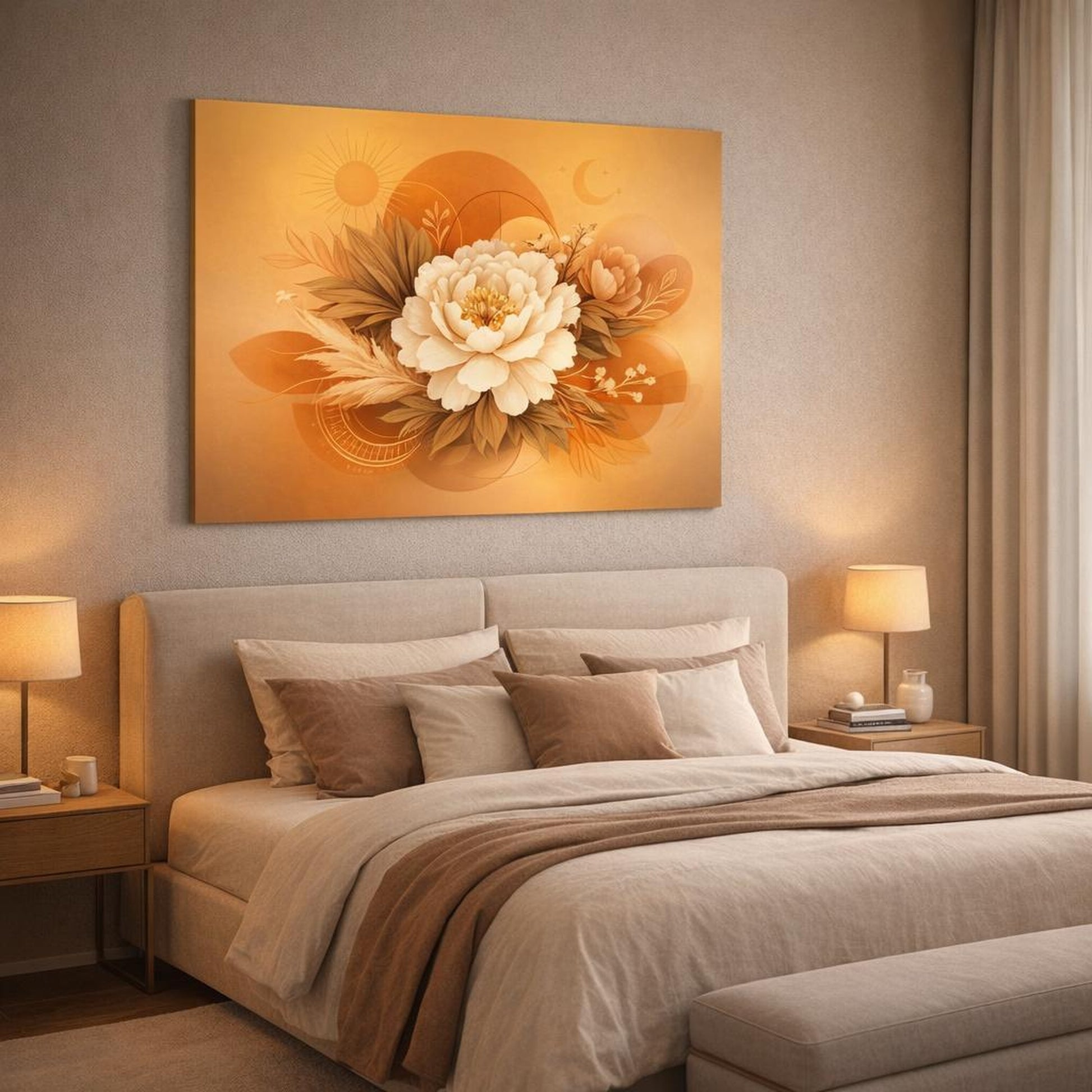 Floral Boho Line Art shown as canvas wall art in a luxury bedroom