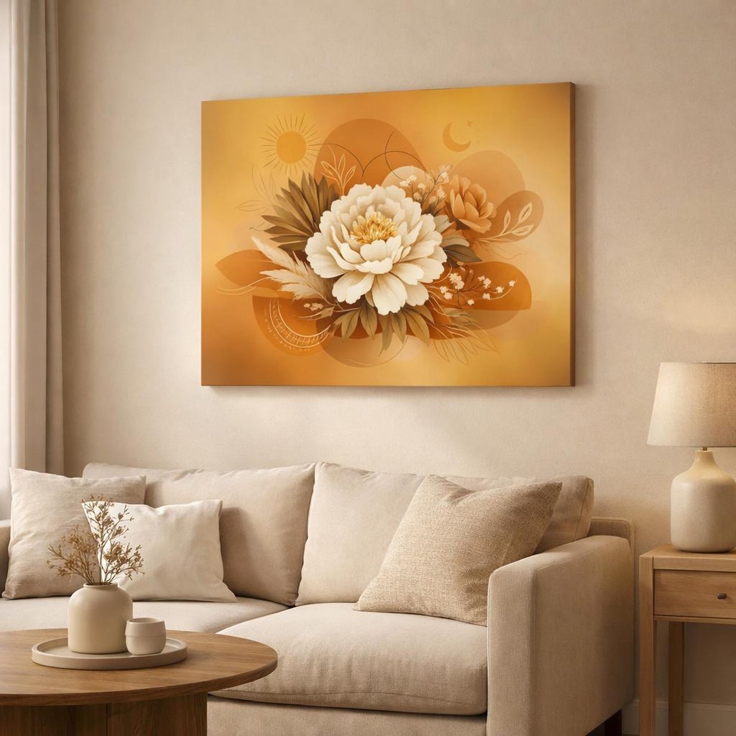 Floral Boho Line Art shown as canvas wall art in a modern living room