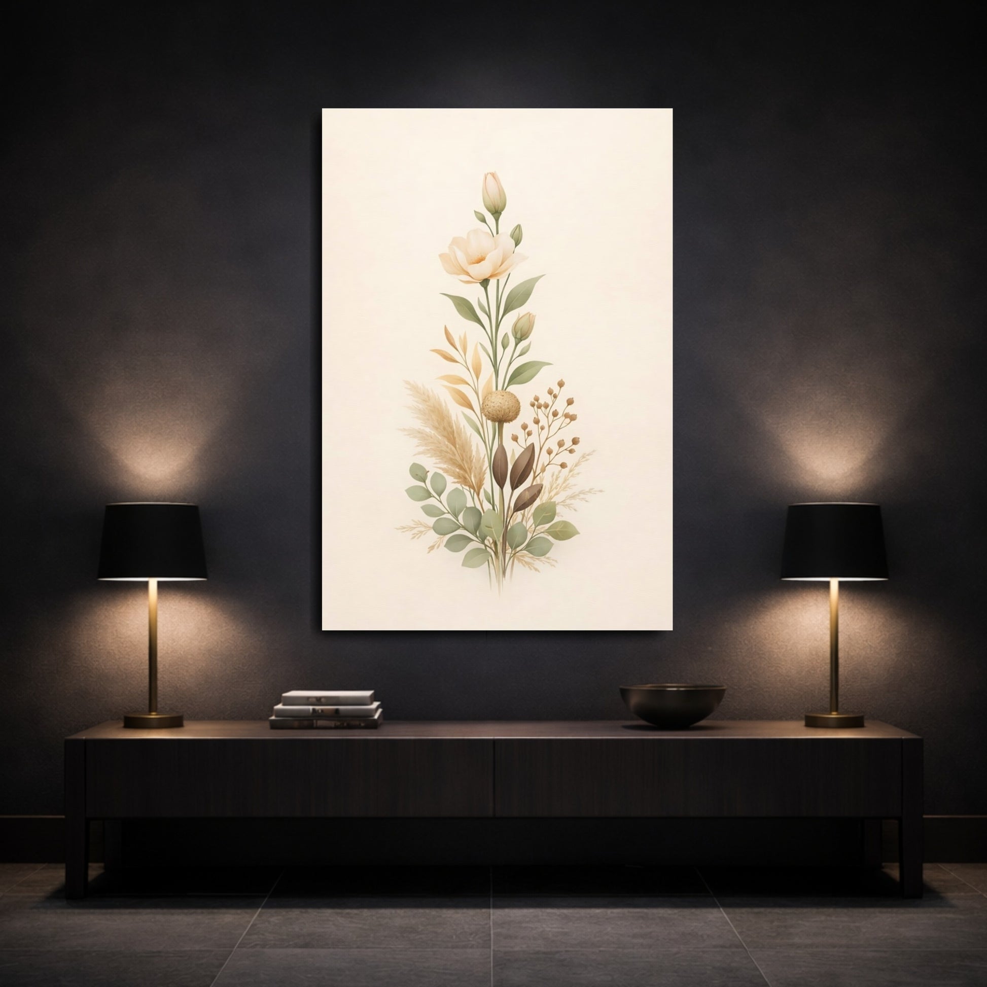 Floral Botanical Bouquet Neutral Botanical shown as front canvas room wall art