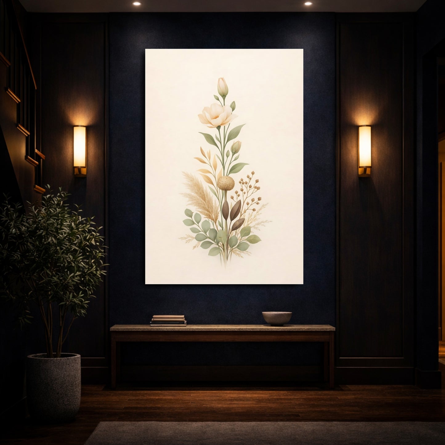 Floral Botanical Bouquet Neutral Botanical shown as front canvas room wall art