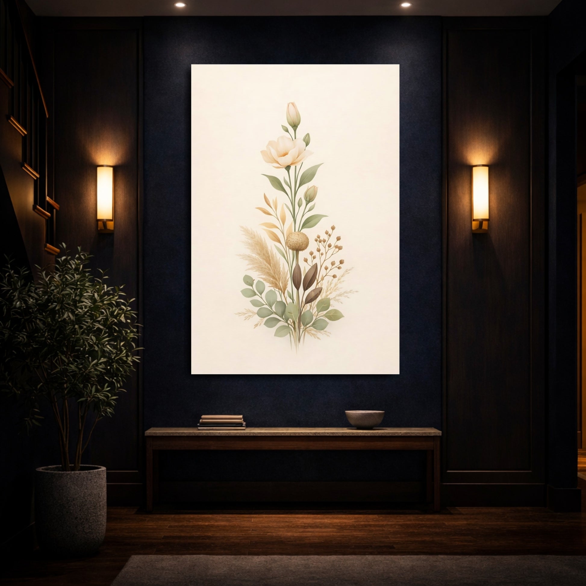 Floral Botanical Bouquet Neutral Botanical shown as front canvas room wall art