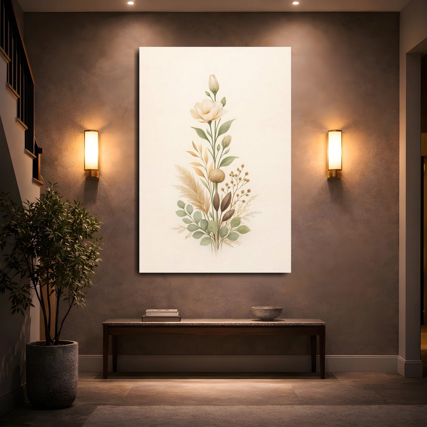Floral Botanical Bouquet Neutral Botanical shown as front canvas room wall art