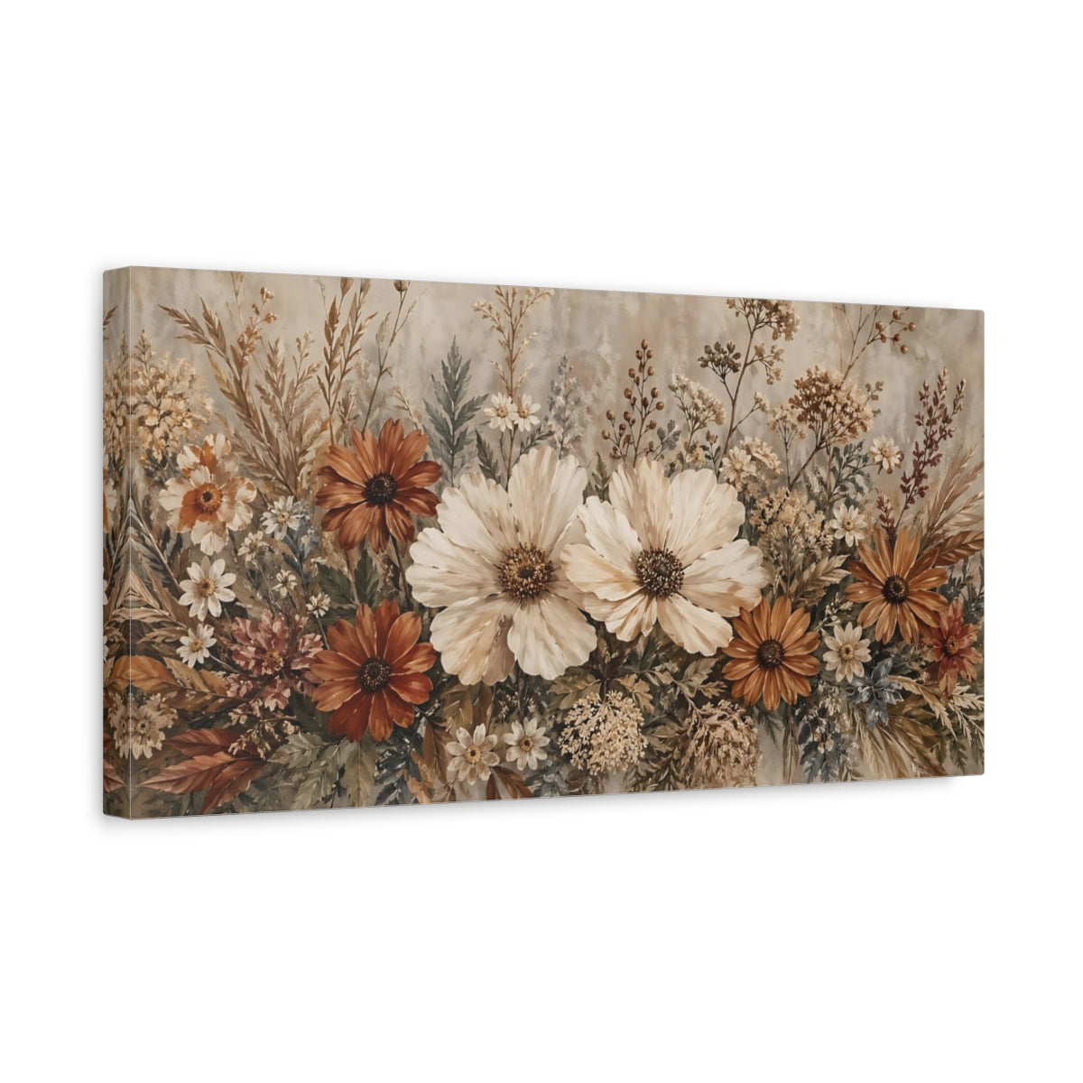 Side Mockup 3. Floral Botanical Flowers Brown And Cream shown as stretched canvas wall art