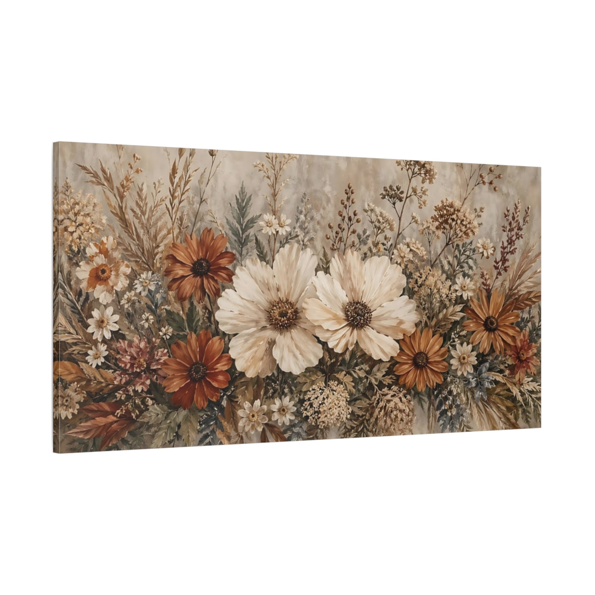 Side Mockup 2. Floral Botanical Flowers Brown And Cream shown as stretched canvas wall art