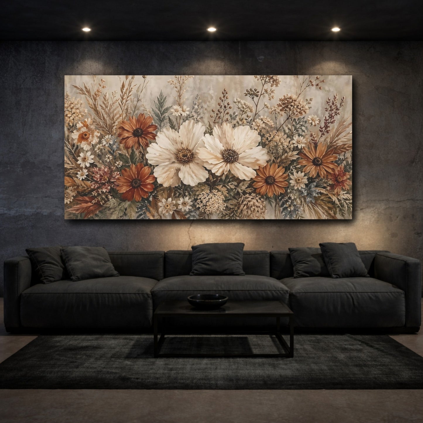 Mockup 2. Floral Botanical Flowers Brown And Cream shown as stretched canvas wall art