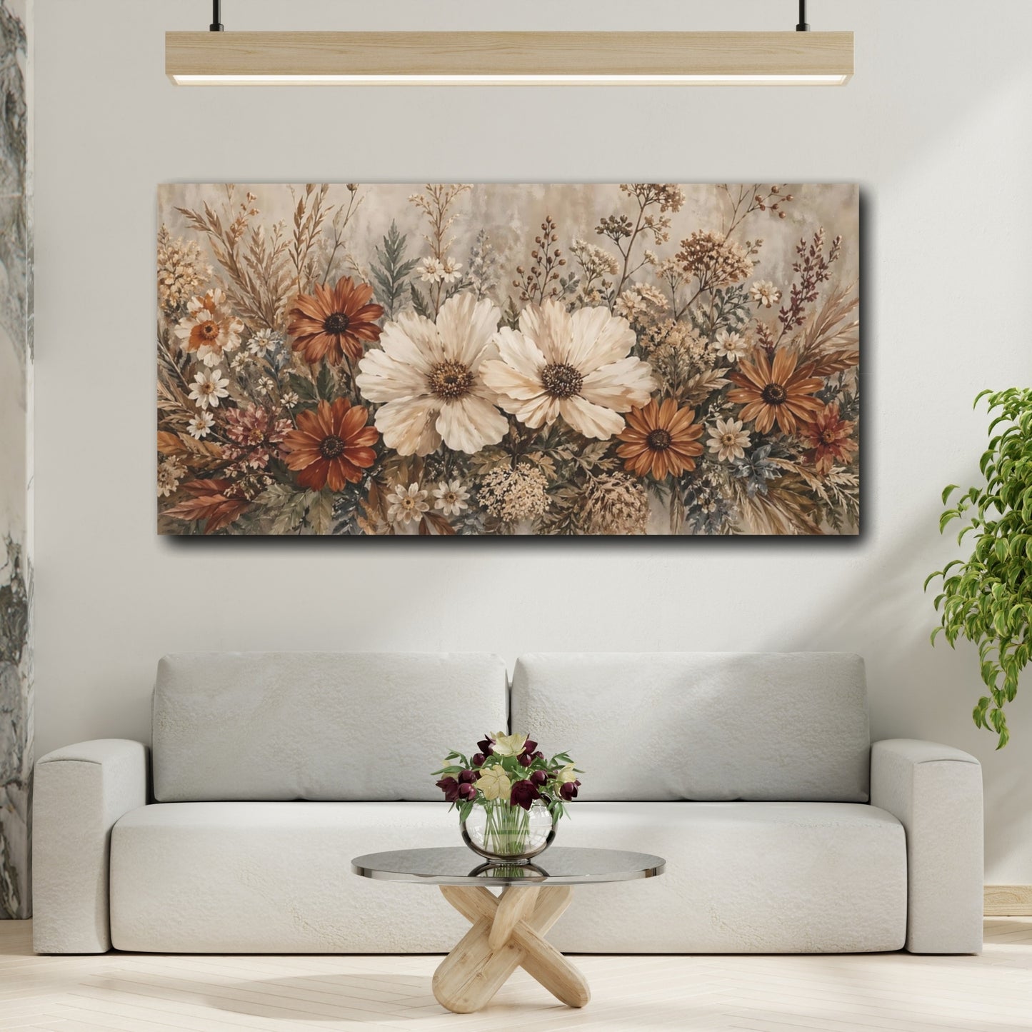 Mockup 3. Floral Botanical Flowers Brown And Cream shown as stretched canvas wall art