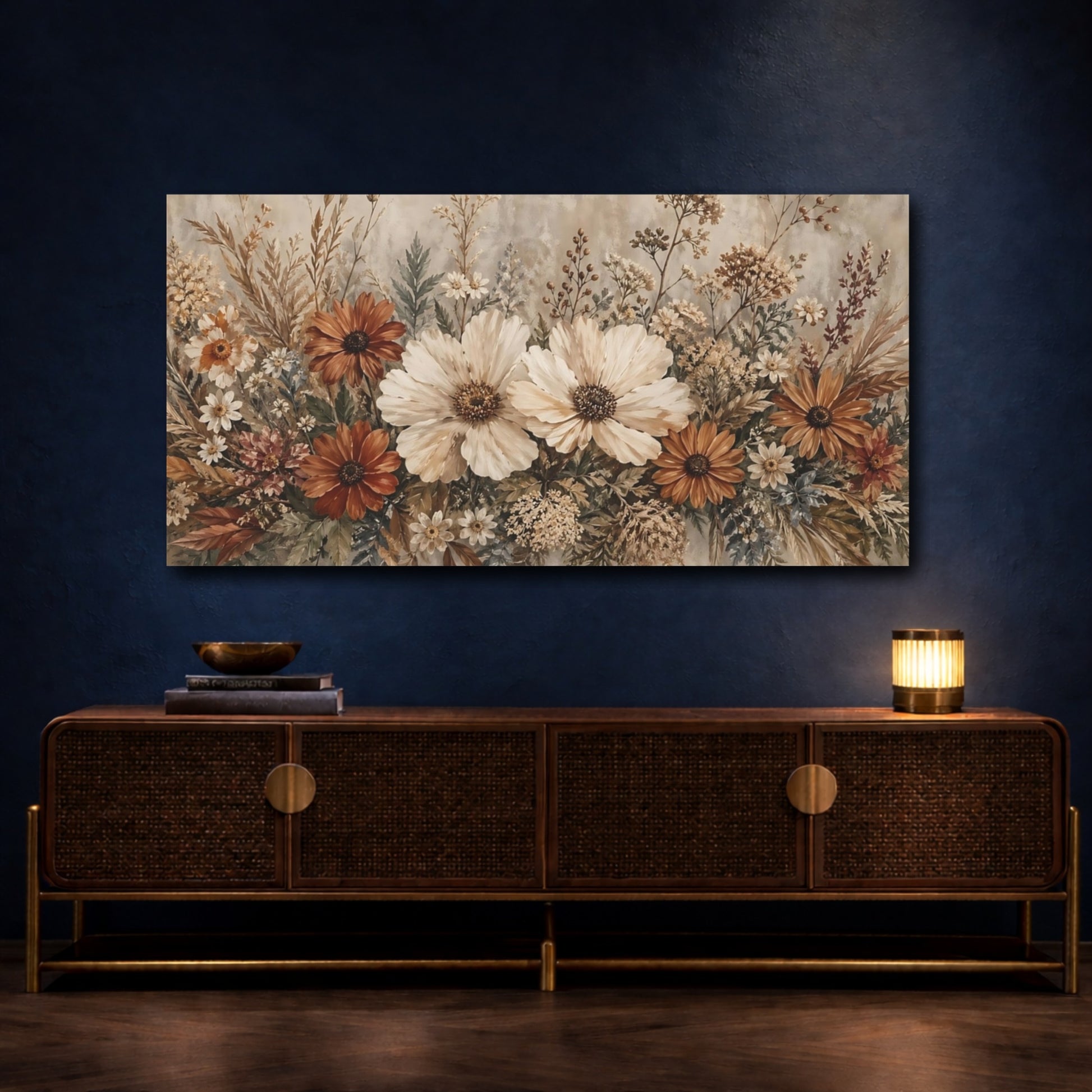 Mockup 4. Floral Botanical Flowers Brown And Cream shown as stretched canvas wall art