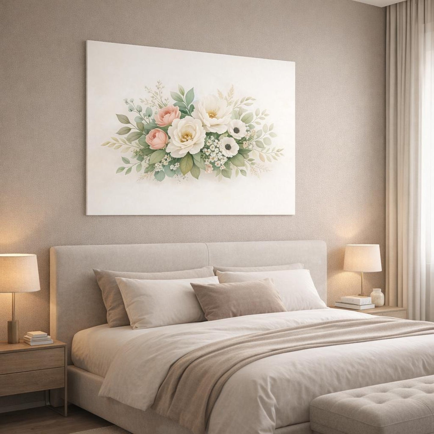 Floral Botanical Leaves shown as canvas wall art in a luxury bedroom