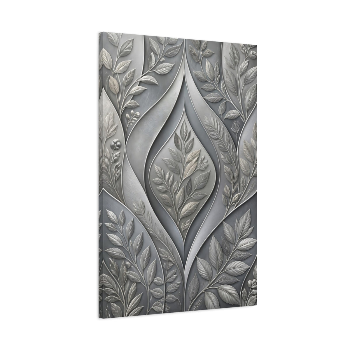 Main Mockup. Floral Botanical Leaves Grey Botanical shown as stretched canvas wall art