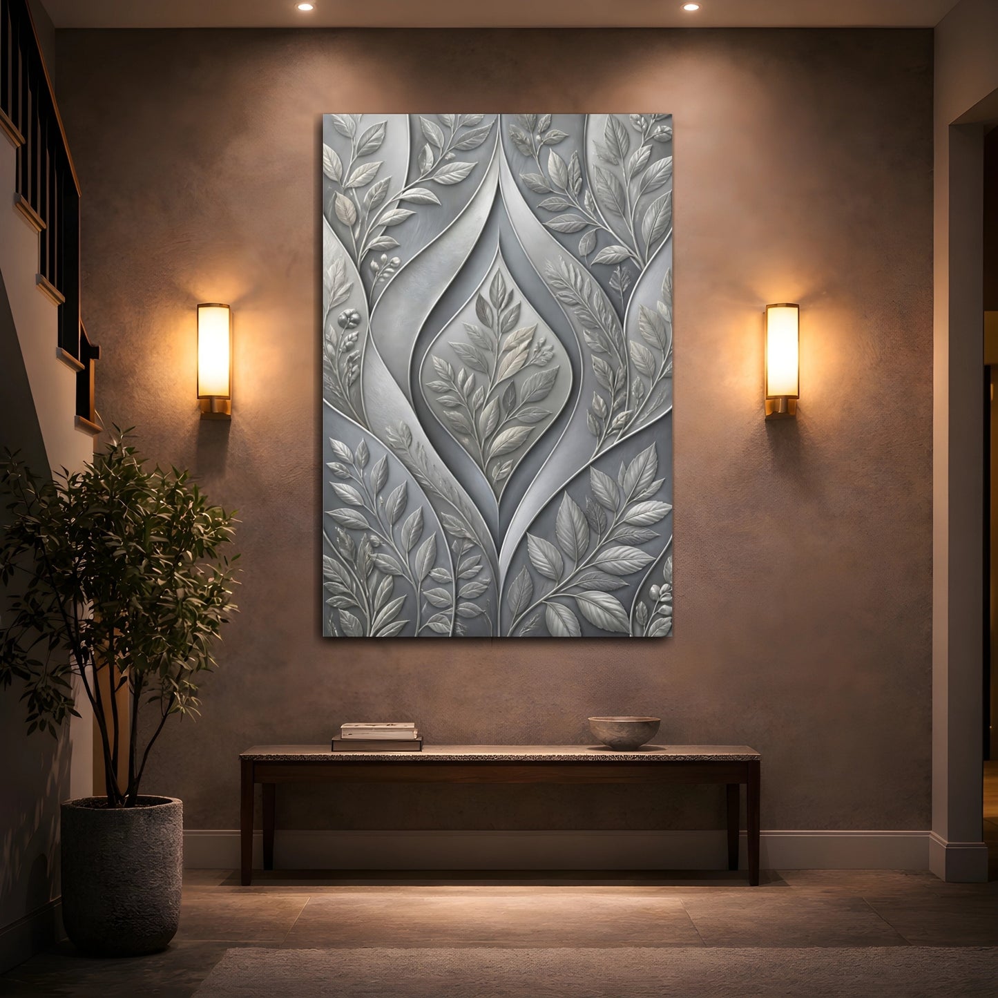 Mockup 2. Floral Botanical Leaves Grey Botanical shown as stretched canvas wall art