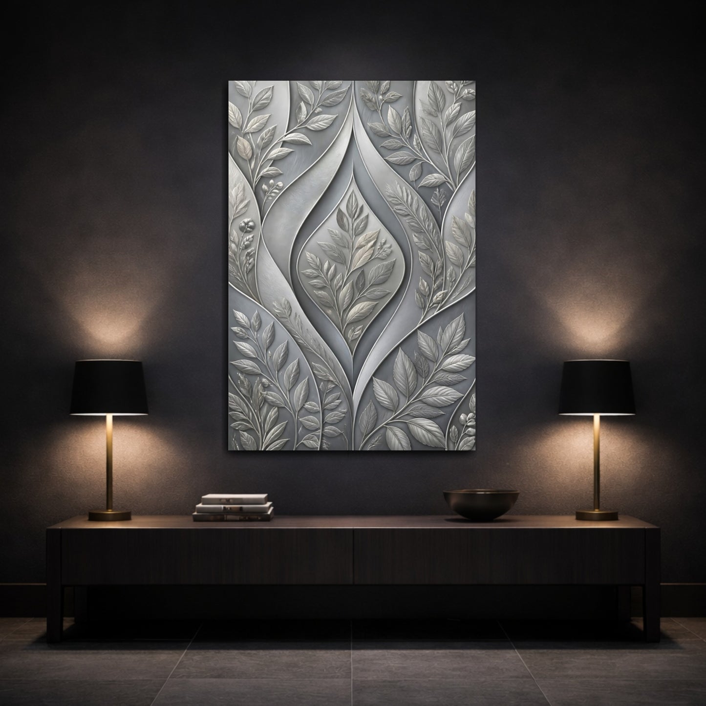 Mockup 3. Floral Botanical Leaves Grey Botanical shown as stretched canvas wall art