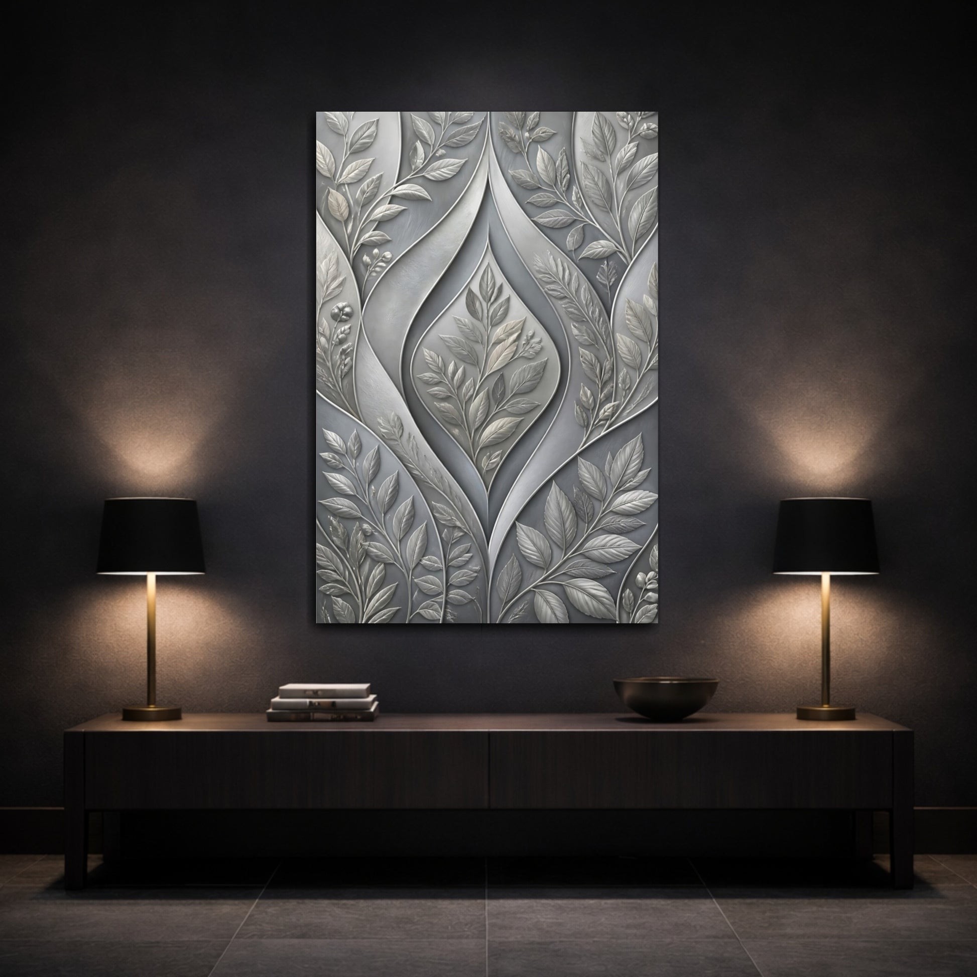 Mockup 3. Floral Botanical Leaves Grey Botanical shown as stretched canvas wall art