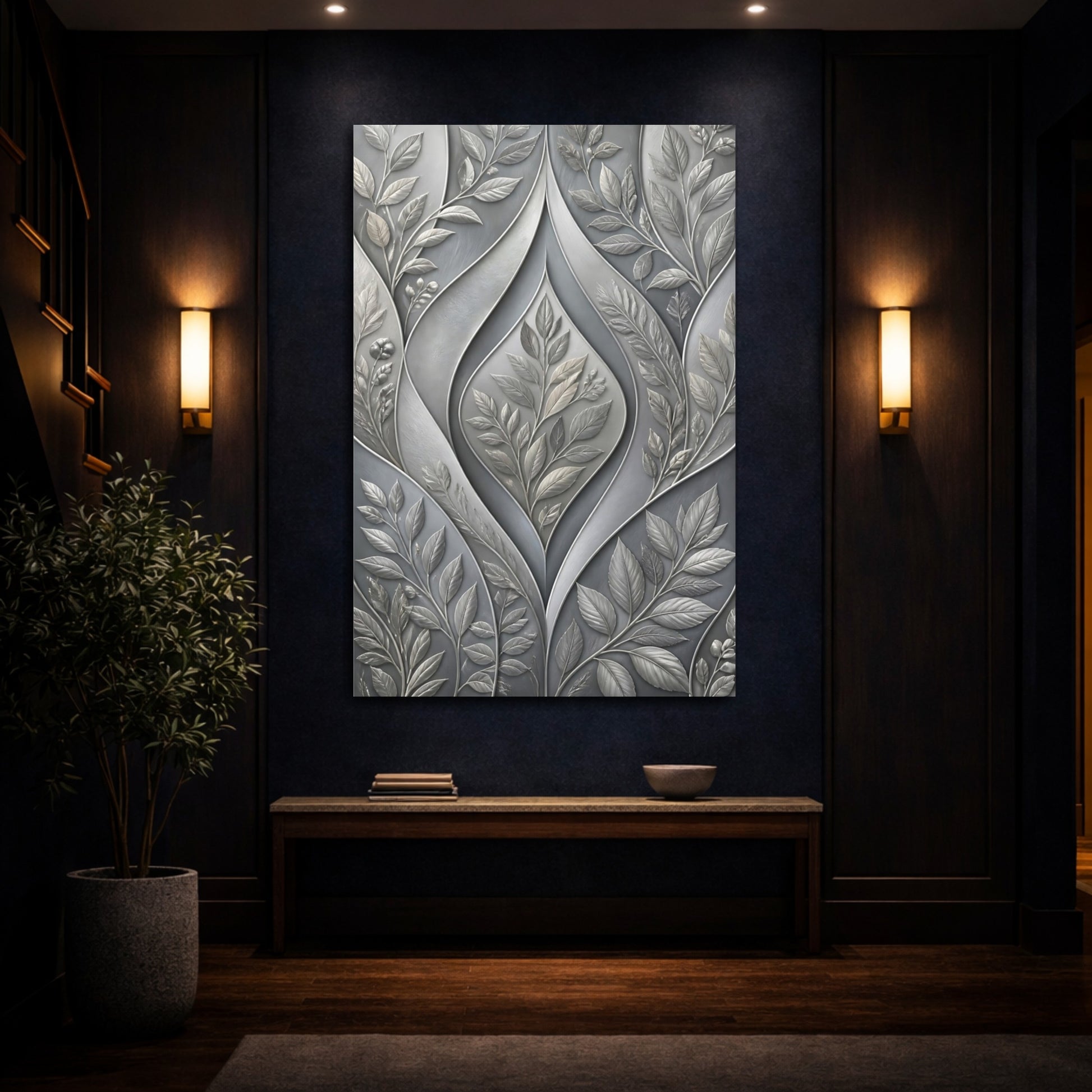 Mockup 4. Floral Botanical Leaves Grey Botanical shown as stretched canvas wall art