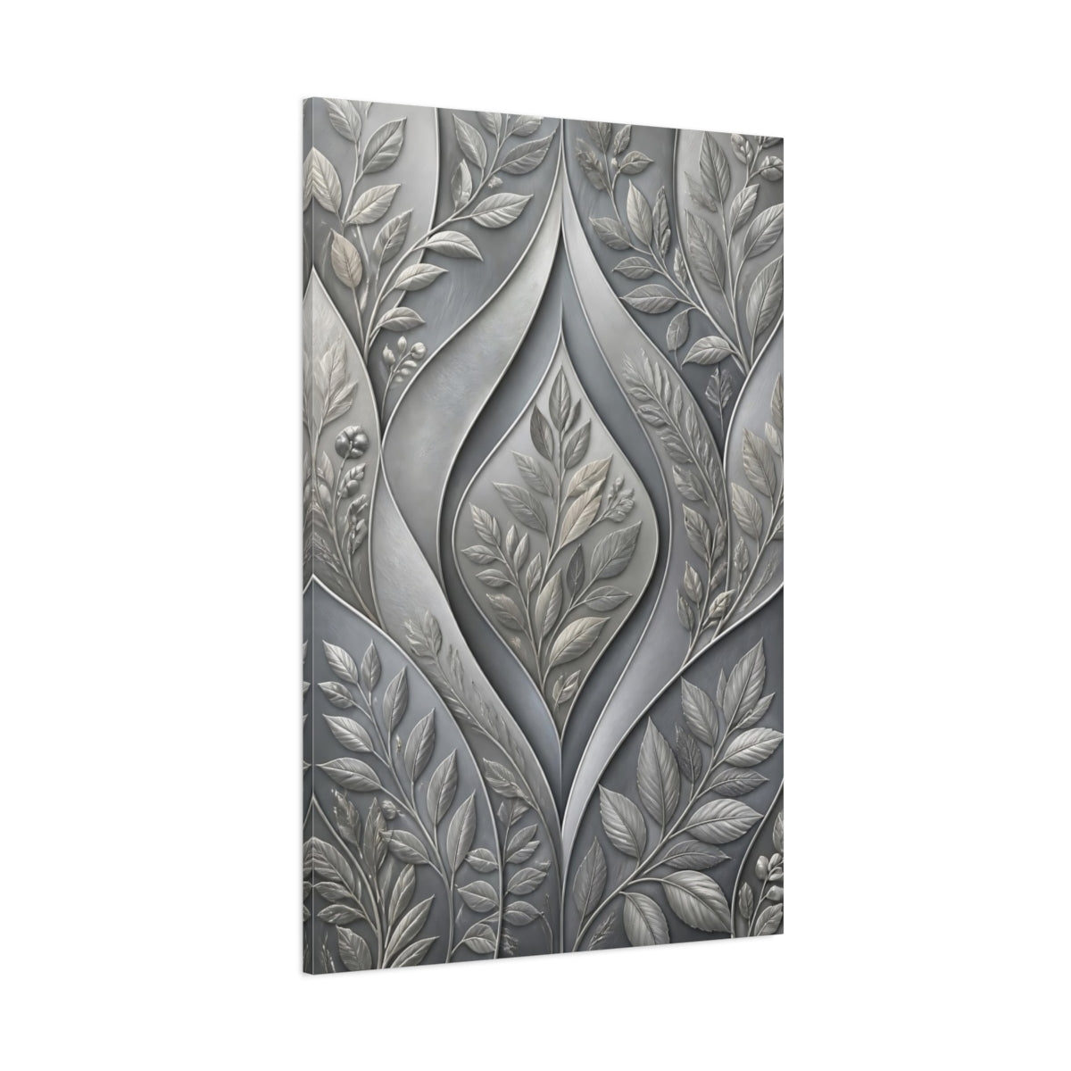 Side Mockup 1. Floral Botanical Leaves Grey Botanical shown as stretched canvas wall art