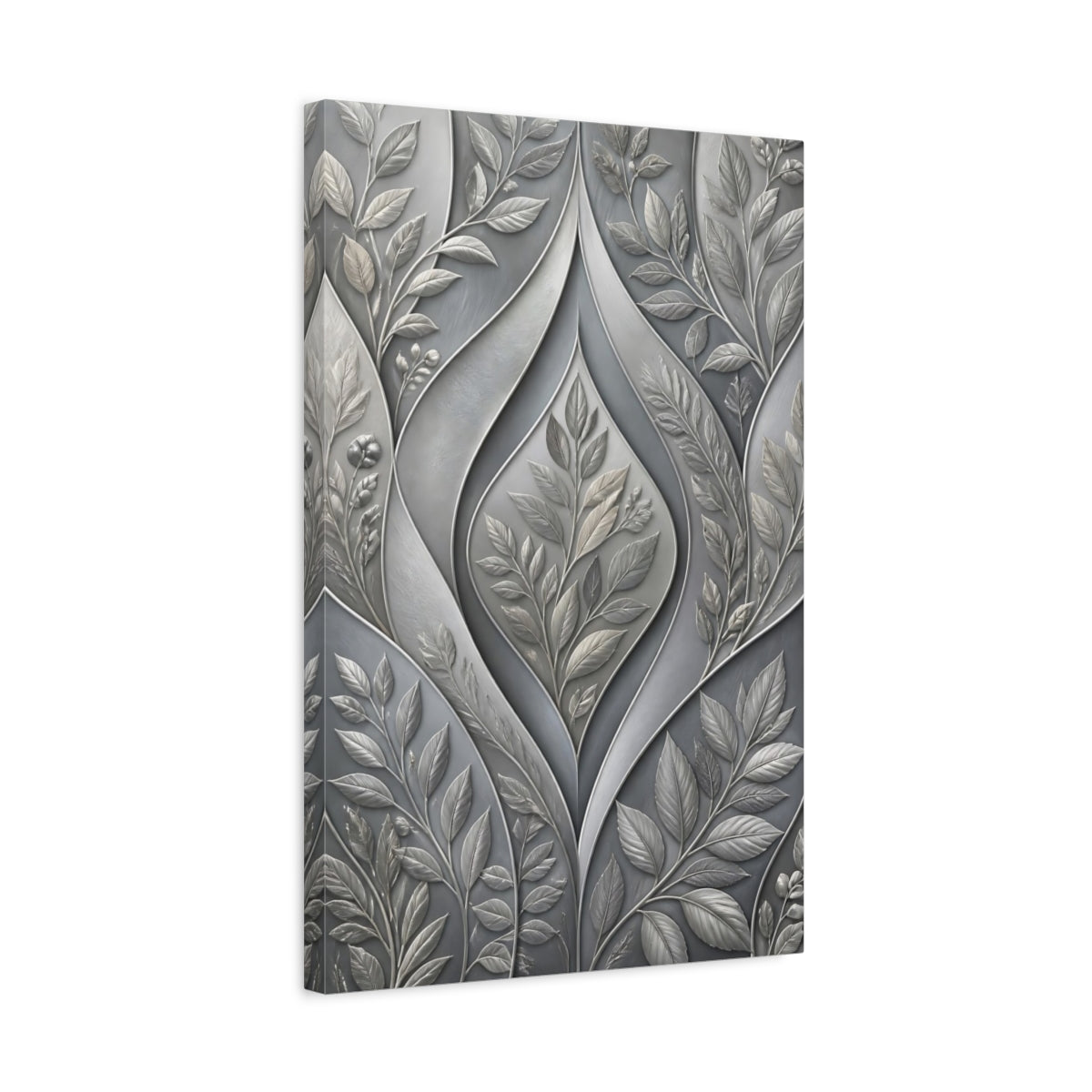 Side Mockup 3. Floral Botanical Leaves Grey Botanical shown as stretched canvas wall art