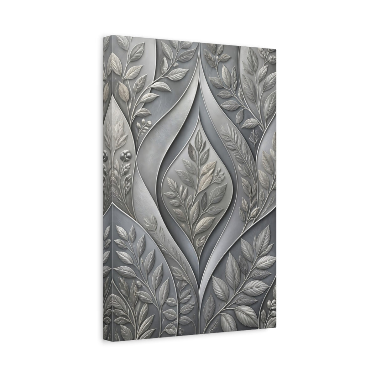Side Mockup 4. Floral Botanical Leaves Grey Botanical shown as stretched canvas wall art